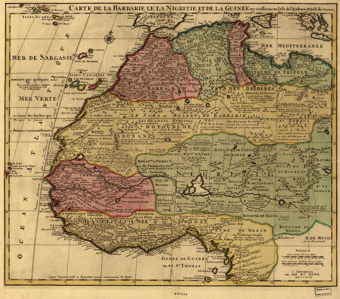 This old map of Carte De La Barbarie, Le La Nigritie Et Del La Guinée (Carte De La Barbarie, De La Nigritie Et Del La Guinée) from 1792 was created by Jan Barend Elwe, Guillaume De L&