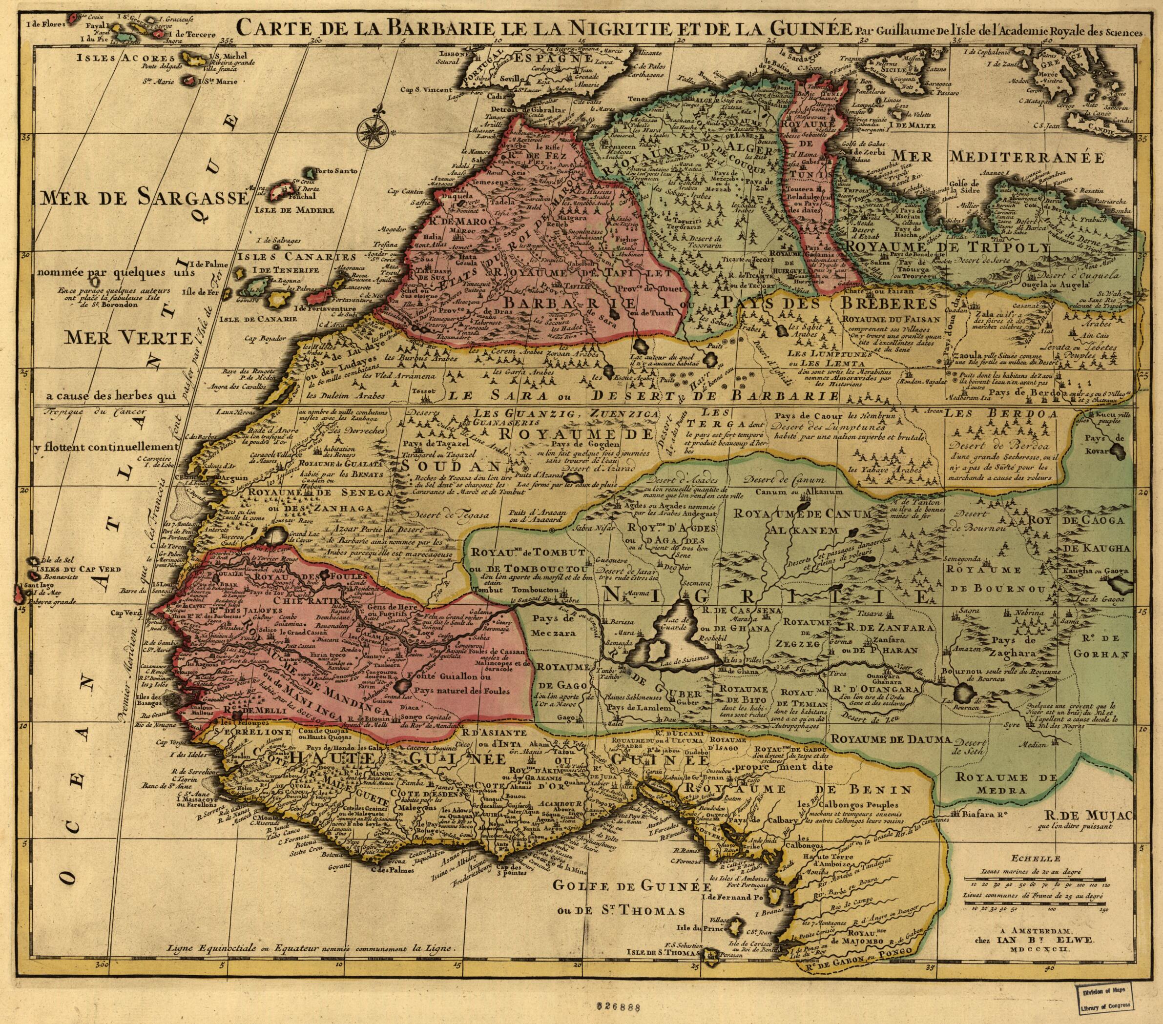 This old map of Carte De La Barbarie, Le La Nigritie Et Del La Guinée (Carte De La Barbarie, De La Nigritie Et Del La Guinée) from 1792 was created by Jan Barend Elwe, Guillaume De L&