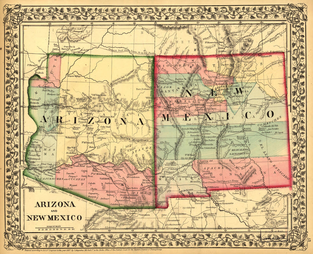 This old map of Arizona and New Mexico from 1867 was created by S. Augustus (Samuel Augustus) Mitchell in 1867