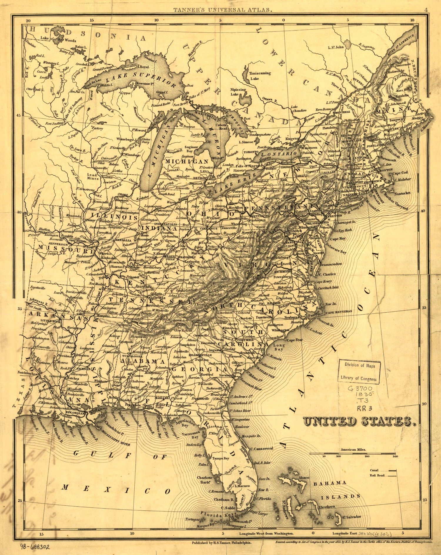 This old map of United States from 1835 was created by Henry Schenck Tanner in 1835