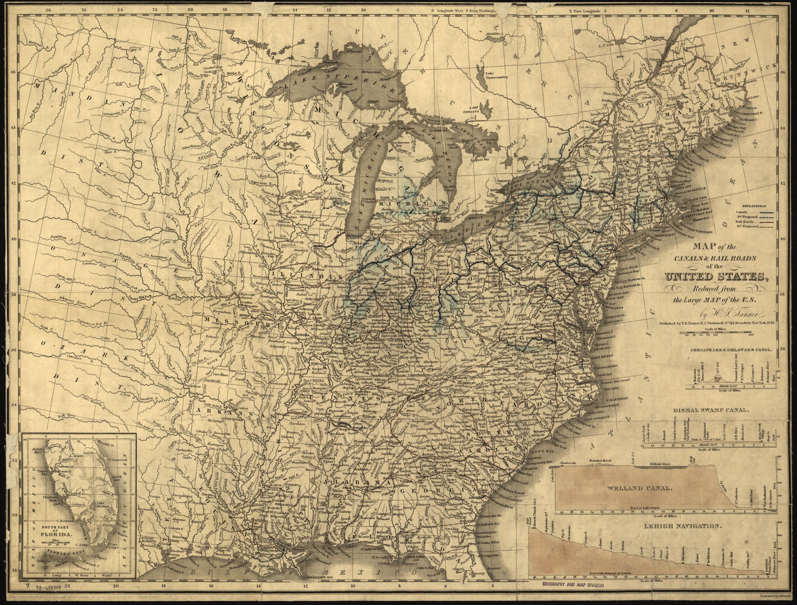 This old map of Map of the Canals &amp; Rail Roads of the United States, Reduced from the Large Map of the U.S.; Engraved by J. Knight from 1840 was created by J. W. Knight, Henry Schenck Tanner in 1840