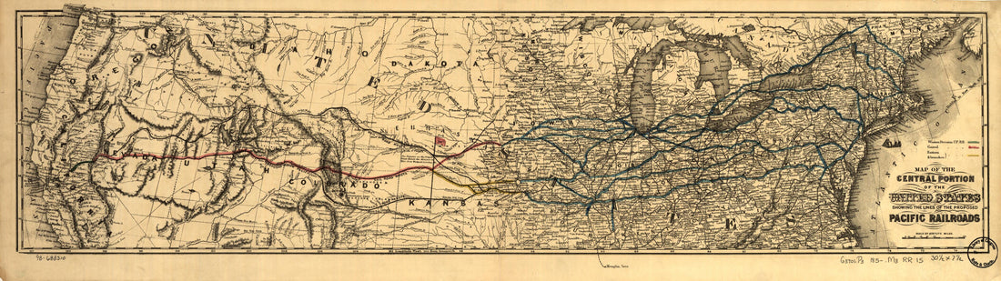 This old map of Map of the Central Portion of the United States Showing the Lines of the Proposed Pacific Railroads from 1850 was created by  Union Pacific Railroad Company in 1850