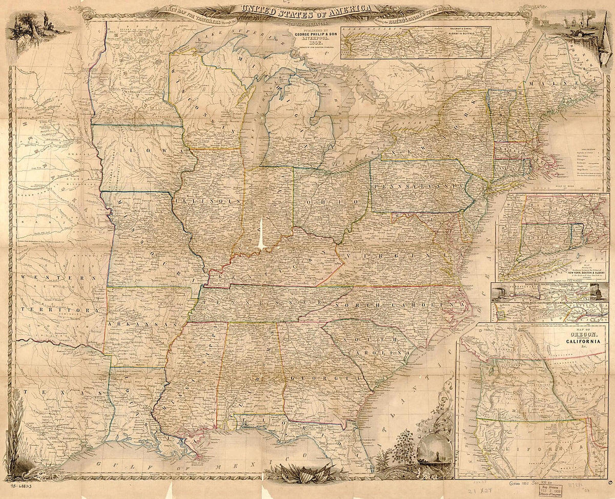 A New Map for Travellers Through the United States of America Showing the Railways, Canals &amp; Stage Roads, With the Distances 1852 by Relic Map Company