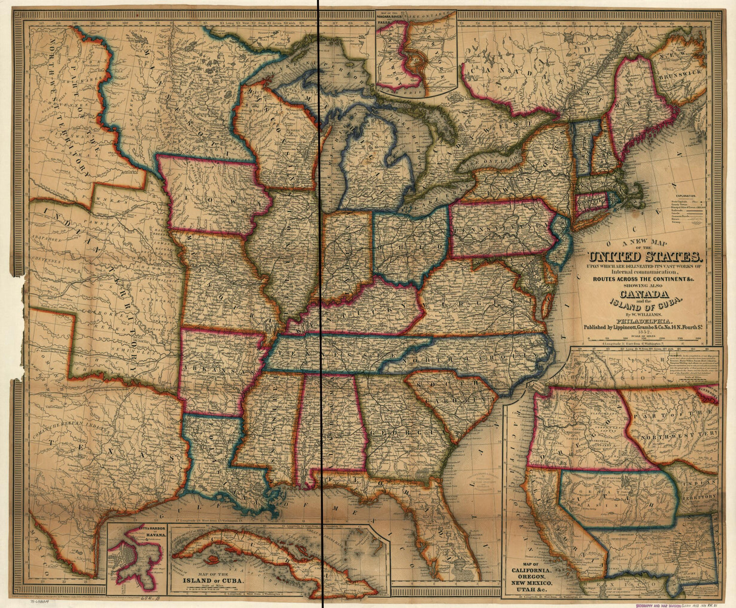 This old map of A New Map of the United States. Upon Which Are Delineated Its Vast Works of Internal Communication, Routes Across the Continent &amp;c from 1852 was created by W. (Wellington) Williams in 1852