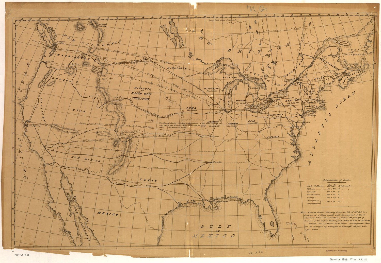 This old map of Outline Map of the United States Showing Proposed Railroad Routes to the Pacific from 1853 was created by William J. (William Jarvis) McAlpine in 1853