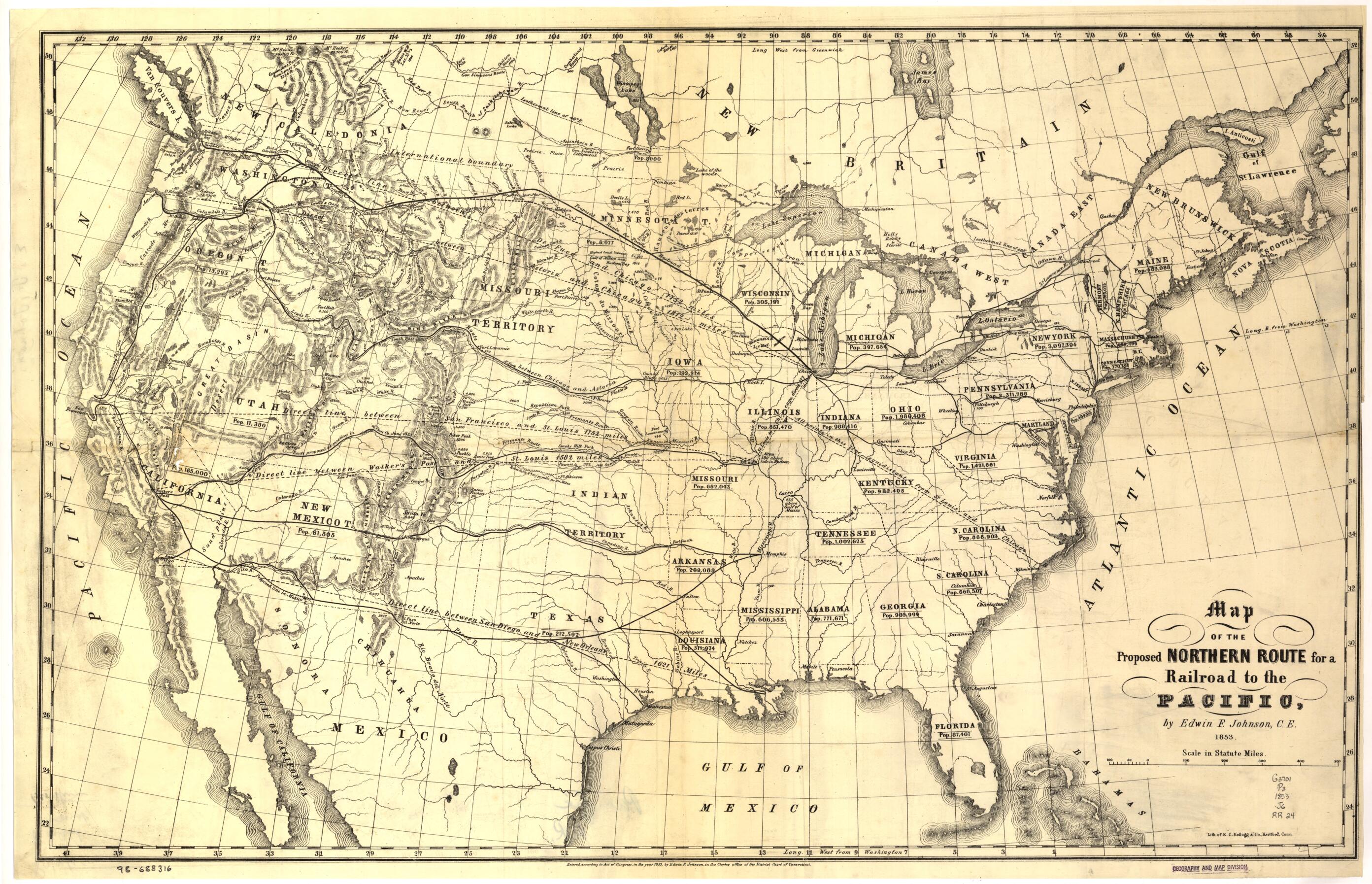 This old map of Map of the Proposed Northern Route for a Railroad to the Pacific from 1853 was created by Edwin Ferry Johnson in 1853