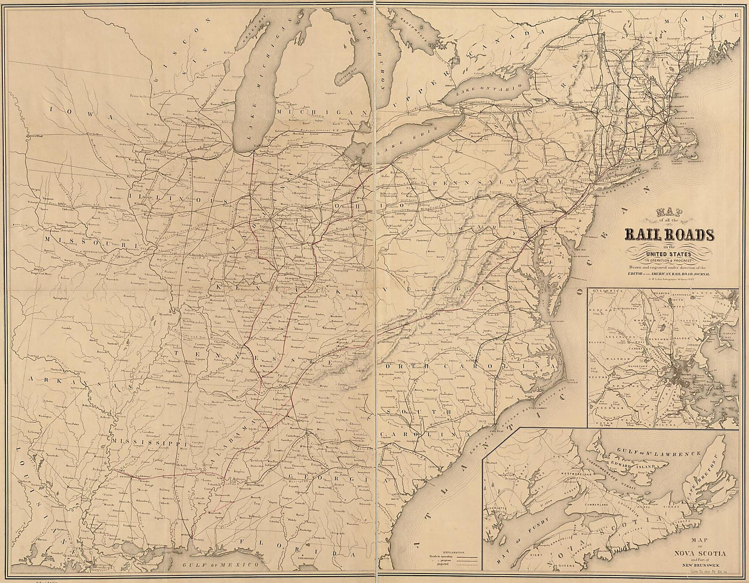 This old map of Map of All the Railroads In the United States In Operation and Progress; Drawn and Engraved Under Direction of the Editor of the American Railroad Journal from 1854 was created by David McLellan in 1854