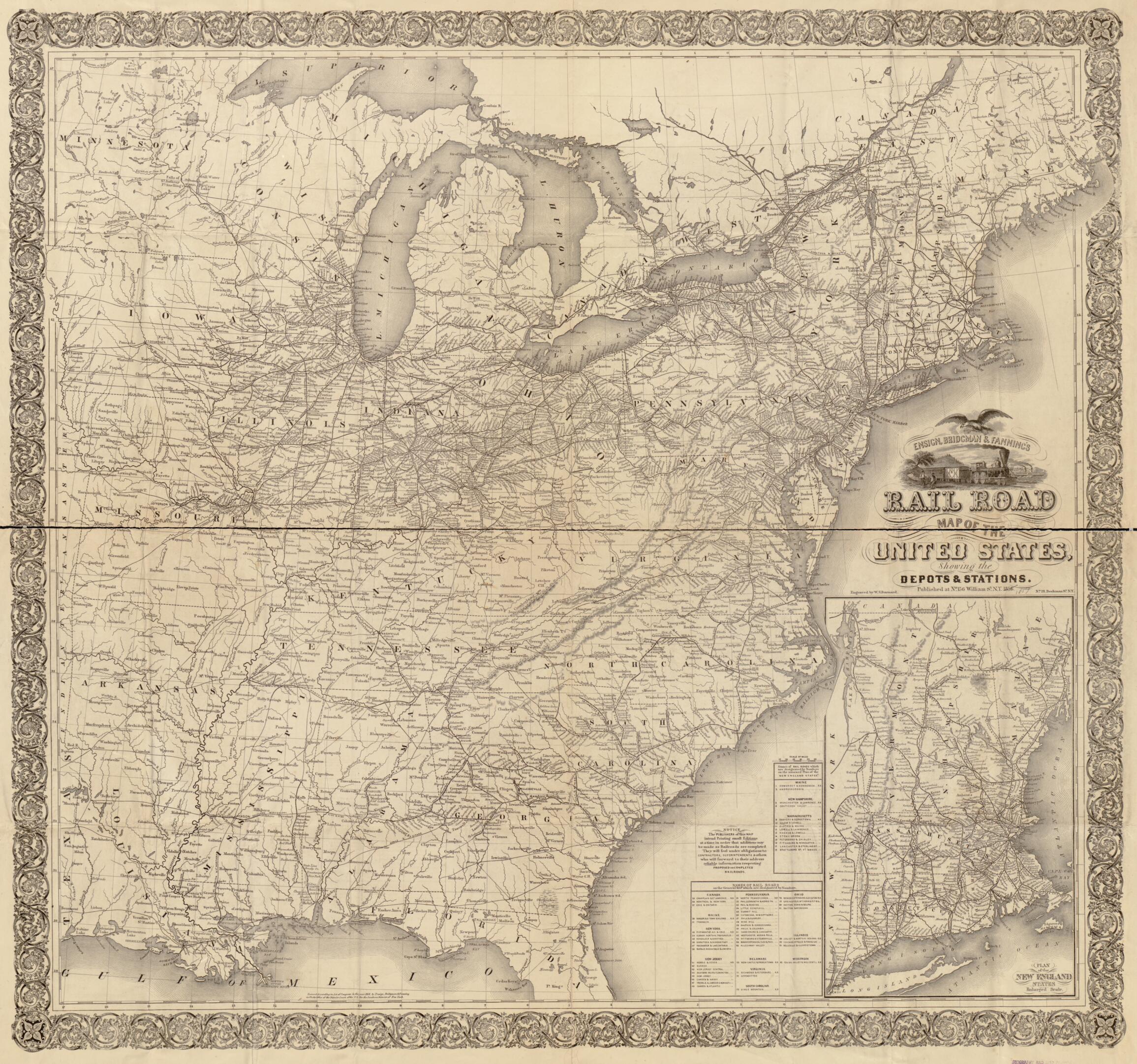 This old map of Rail Road Map of the United States, Showing the Depots &amp; Stations from 1856 was created by Bridgman &amp; Fanning Ensign in 1856