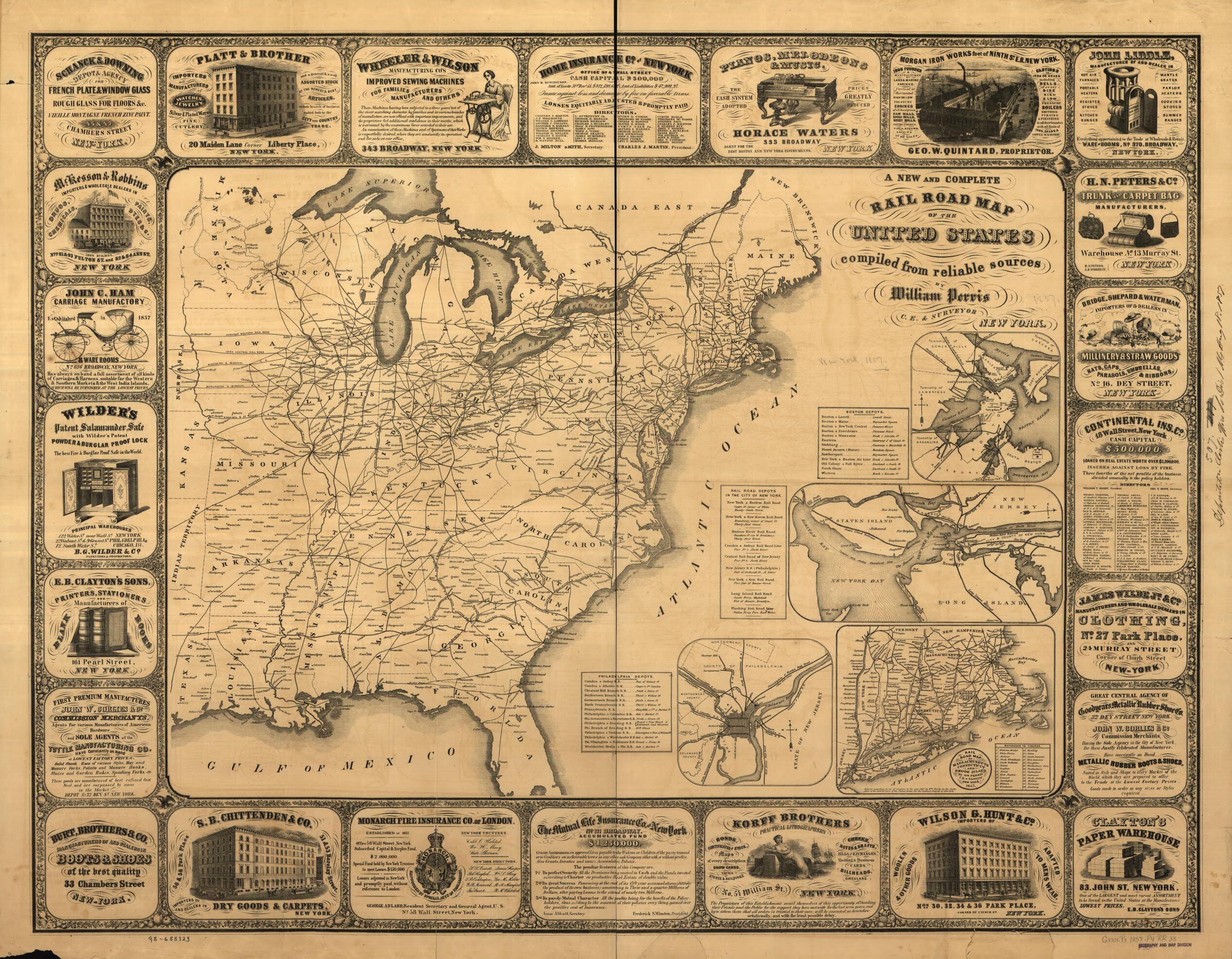 This old map of A New and Complete Railroad Map of the United States Compiled from Reliable Sources from 1857 was created by William Perris in 1857