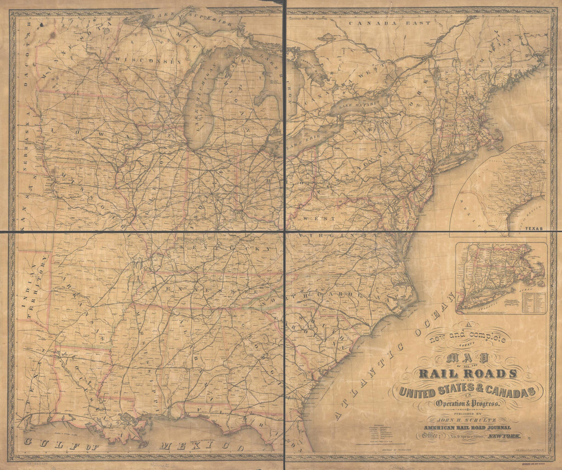 This old map of A New and Complete County Map of All the Rail Roads In the United States &amp; Canadas In Operation &amp; Progress from 1857 was created by John H. Schultz in 1857