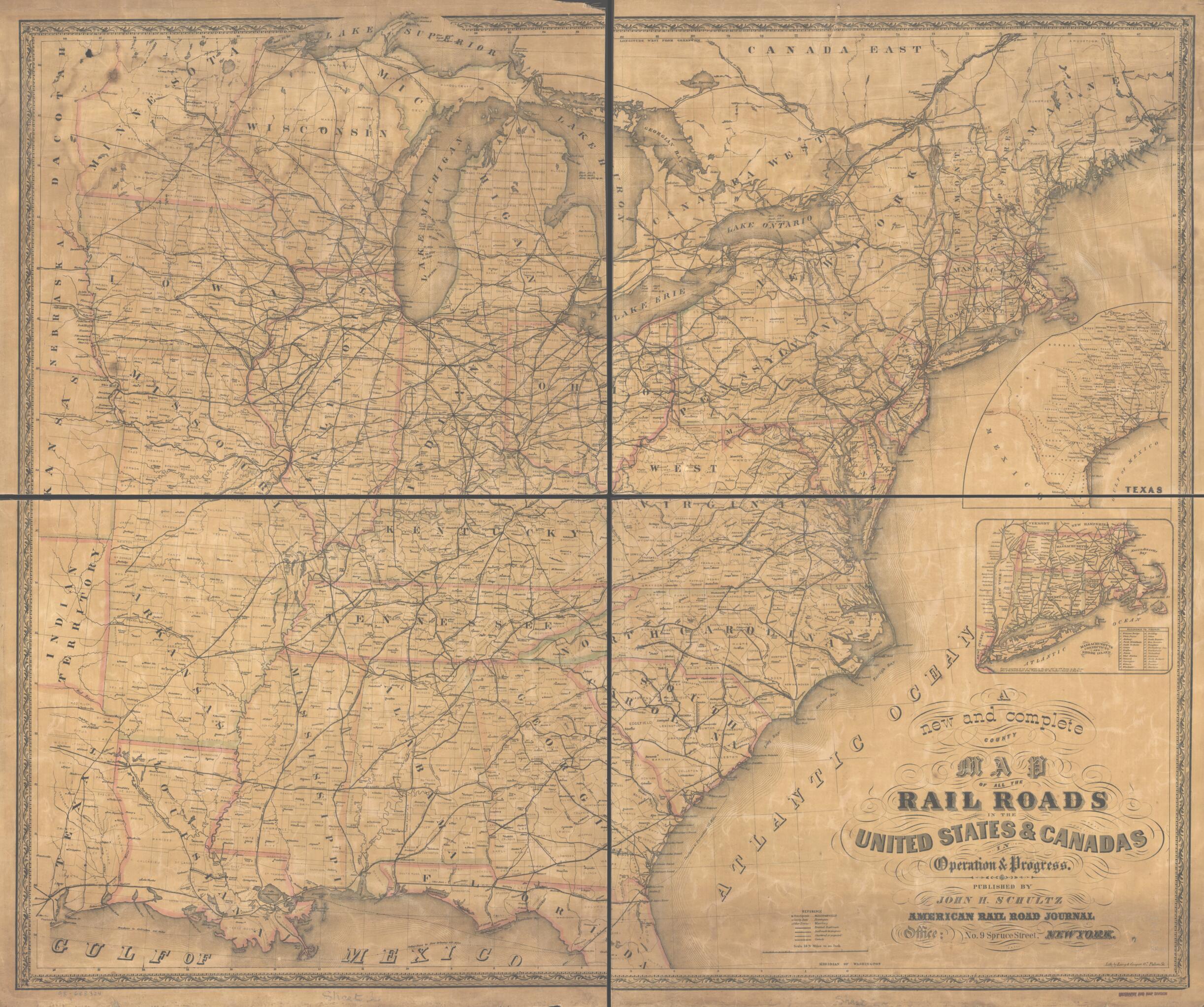 This old map of A New and Complete County Map of All the Rail Roads In the United States &amp; Canadas In Operation &amp; Progress from 1857 was created by John H. Schultz in 1857