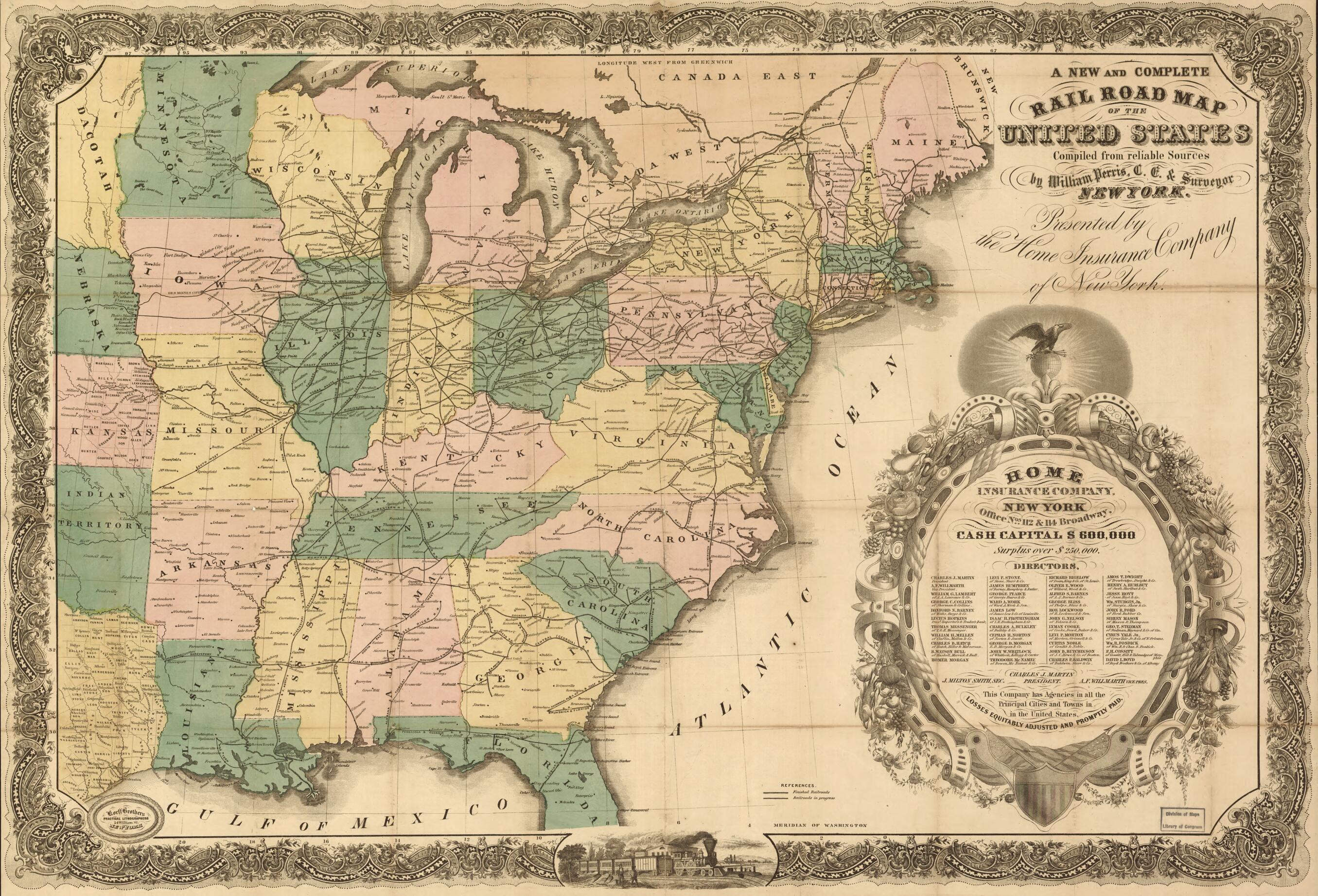 This old map of A New and Complete Rail Road Map of the United States Compiled from Reliable Sources by William Perris, C.E. &amp; Surveyor, New York; Presented by the Home Insurance Company from 1858 was created by William Perris in 1858