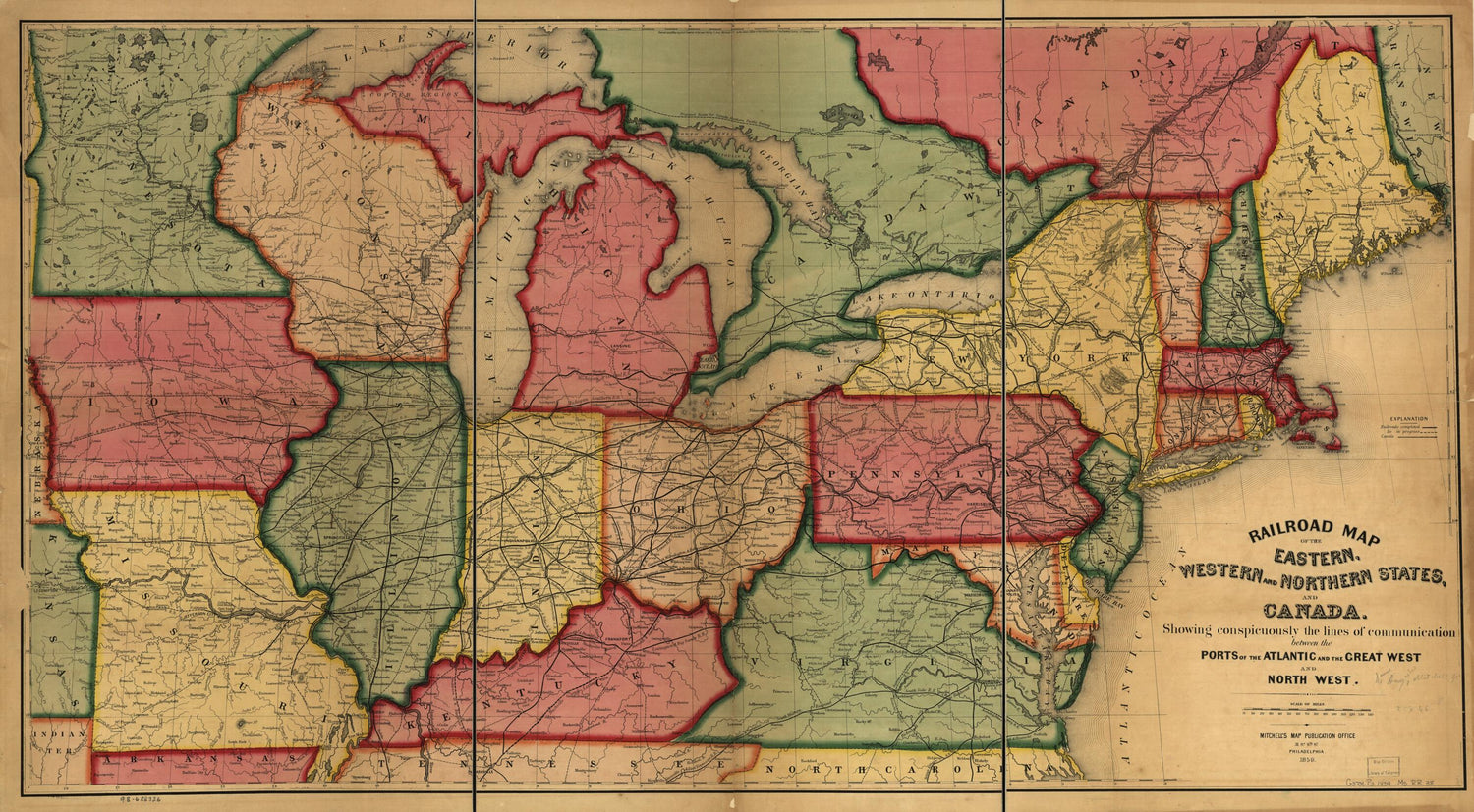 This old map of Railroad Map of the Eastern, Western and Northern States, and Canada, Showing Conspicuously the Lines of Communication Between the Ports of the Atlantic and the Great West and North West from 1859 was created by  Mitchell&