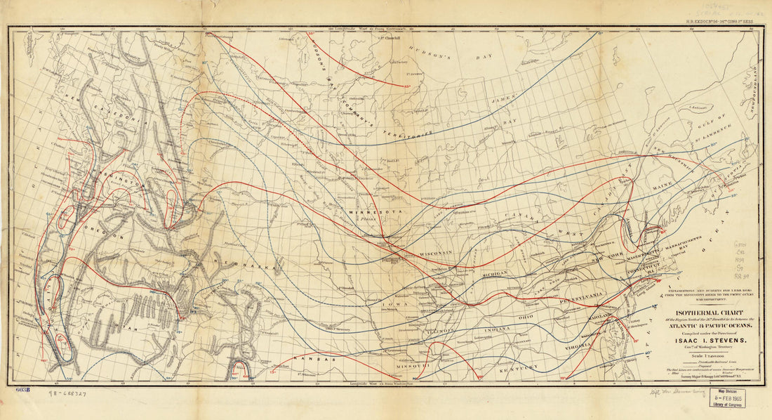 This old map of Isothermal Chart of the Region North of the 36th Parallel &amp;c. &amp;c. Between the Atlantic &amp; Pacific Oceans; Compiled Under the Direction of Isaac I. Stevens, Govnr. of Washington Territory from 1859 was created by Isaac Ingalls Stevens in 18