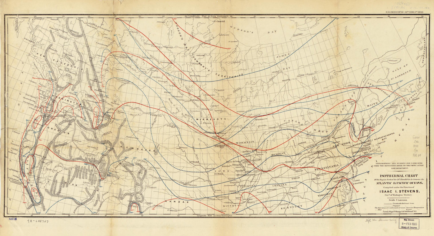 This old map of Isothermal Chart of the Region North of the 36th Parallel &amp;c. &amp;c. Between the Atlantic &amp; Pacific Oceans; Compiled Under the Direction of Isaac I. Stevens, Govnr. of Washington Territory from 1859 was created by Isaac Ingalls Stevens in 18