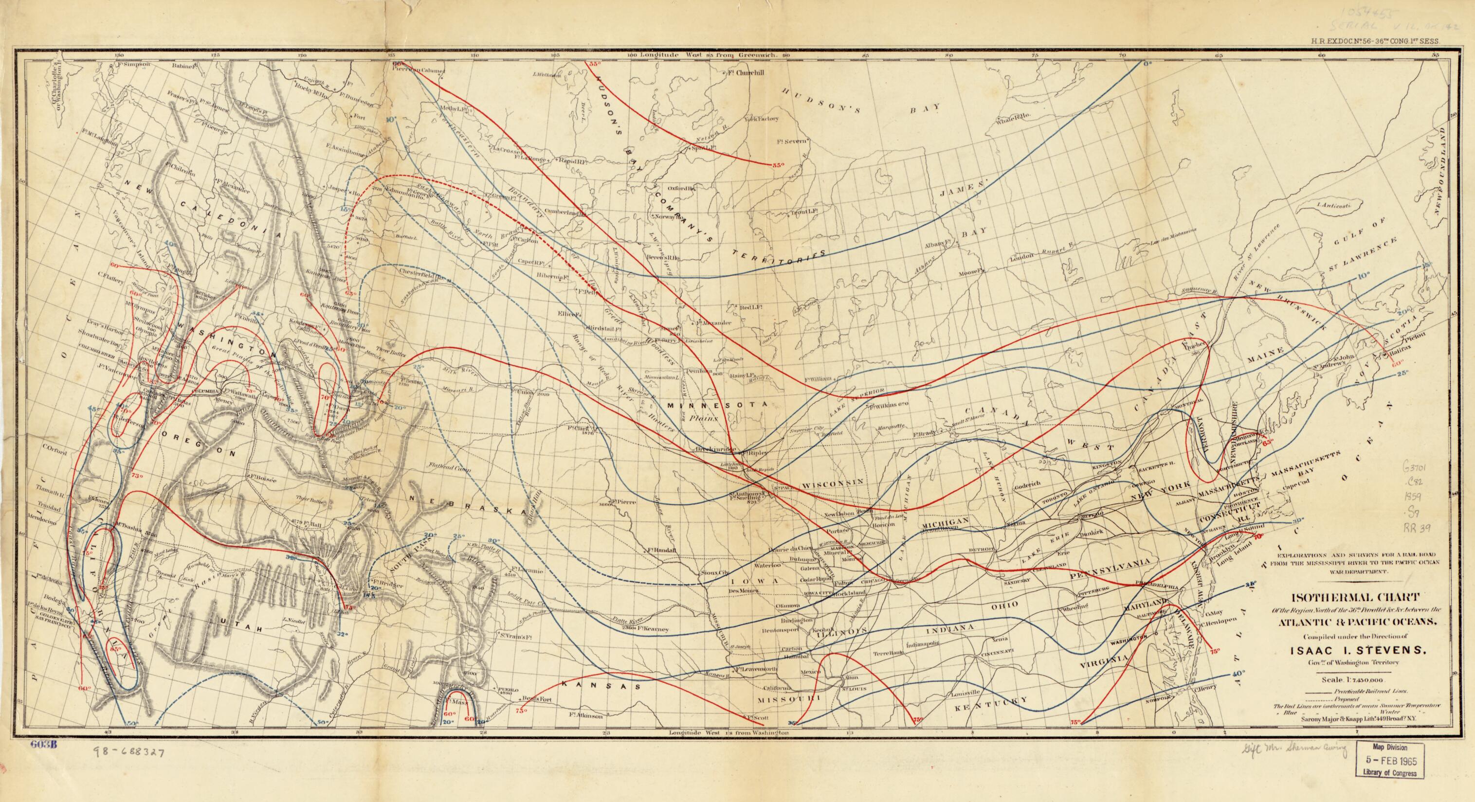 This old map of Isothermal Chart of the Region North of the 36th Parallel &amp;c. &amp;c. Between the Atlantic &amp; Pacific Oceans; Compiled Under the Direction of Isaac I. Stevens, Govnr. of Washington Territory from 1859 was created by Isaac Ingalls Stevens in 18