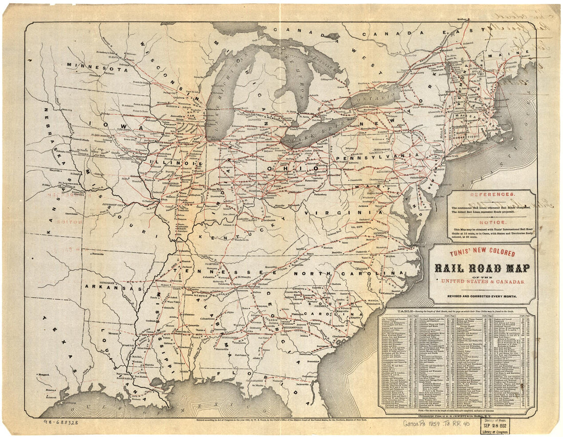 This old map of Tunis New Colored Rail Road Map of the United States &amp; Canadas; Revised and Corrected Every Month from 1859 was created by W. E. Tunis in 1859