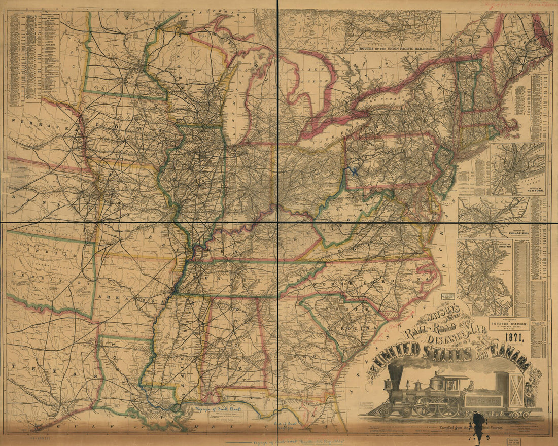 This old map of Road and Distance Map of the United States and Canada, from 1871; Compiled from the Latest Official Sources was created by Gaylord Watson in 1871