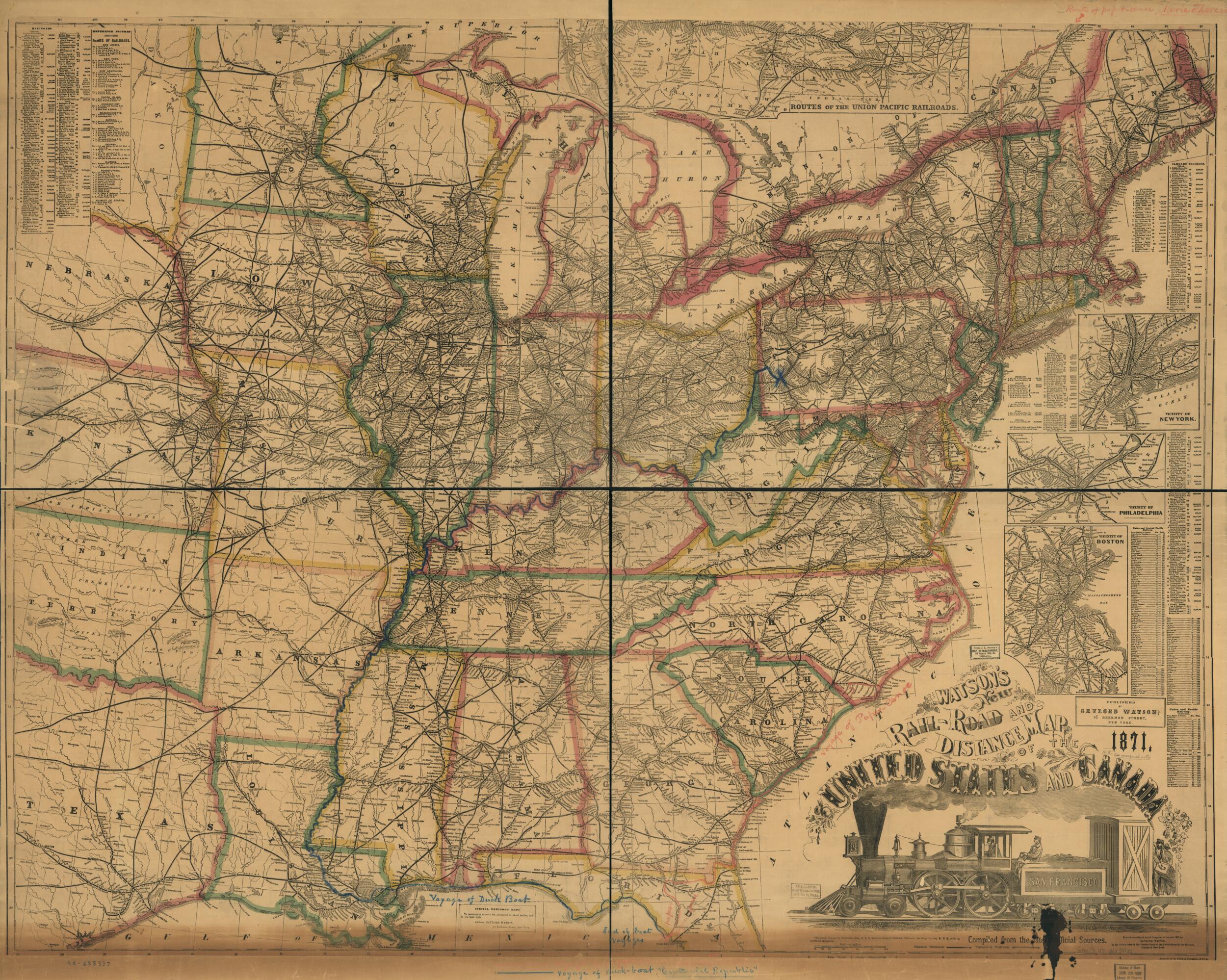 This old map of Road and Distance Map of the United States and Canada, from 1871; Compiled from the Latest Official Sources was created by Gaylord Watson in 1871