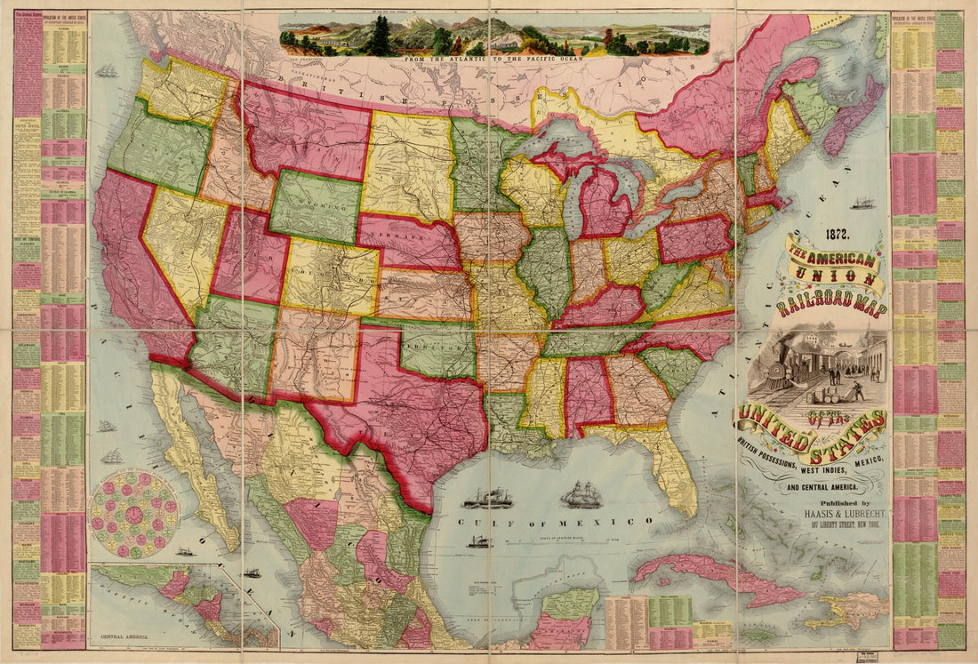 This old map of The American Union Railroad Map of the United States, British Possessions, West Indies, Mexico and Central America from 1872 was created by  Haasis &amp; Lubrecht in 1872