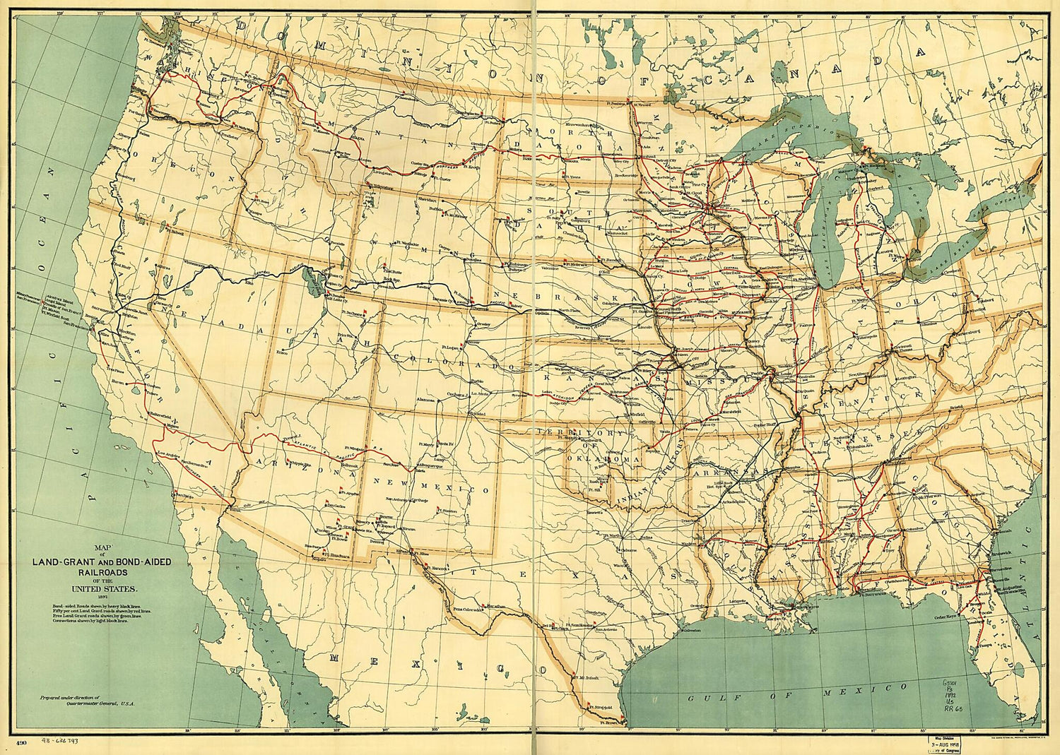 This old map of Grant and Bond-aided Railroads of the United States from 1892 was created by  United States. Army. Quartermaster Corps in 1892