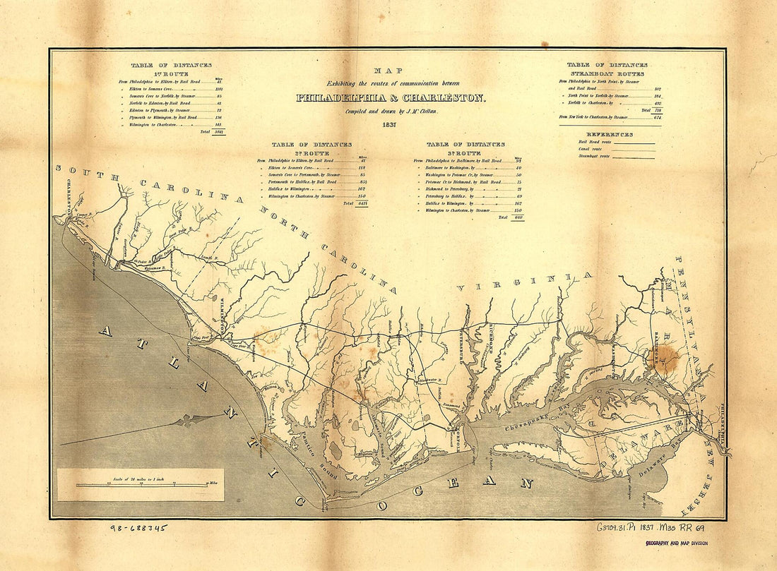 This old map of Map Exhibiting the Route of Communication Between Philadelphia &amp; Charleston from 1837 was created by John McClellan in 1837