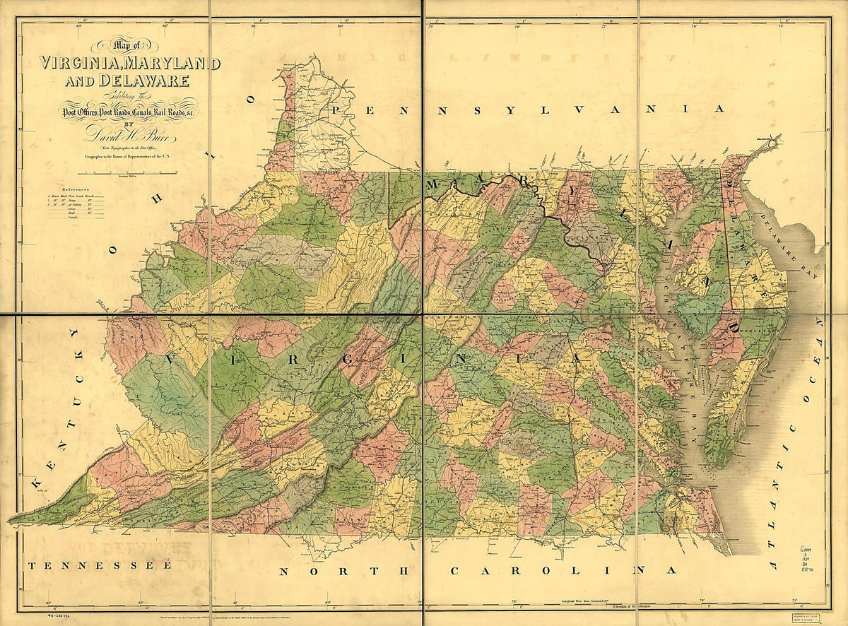 Map of Virginia, Maryland and Delaware Exhibiting the Post Offices, Post Roads, Canals, Rail Roads &amp;c. (Delaware, Maryland, Virginia) 1839 by Relic Map Company