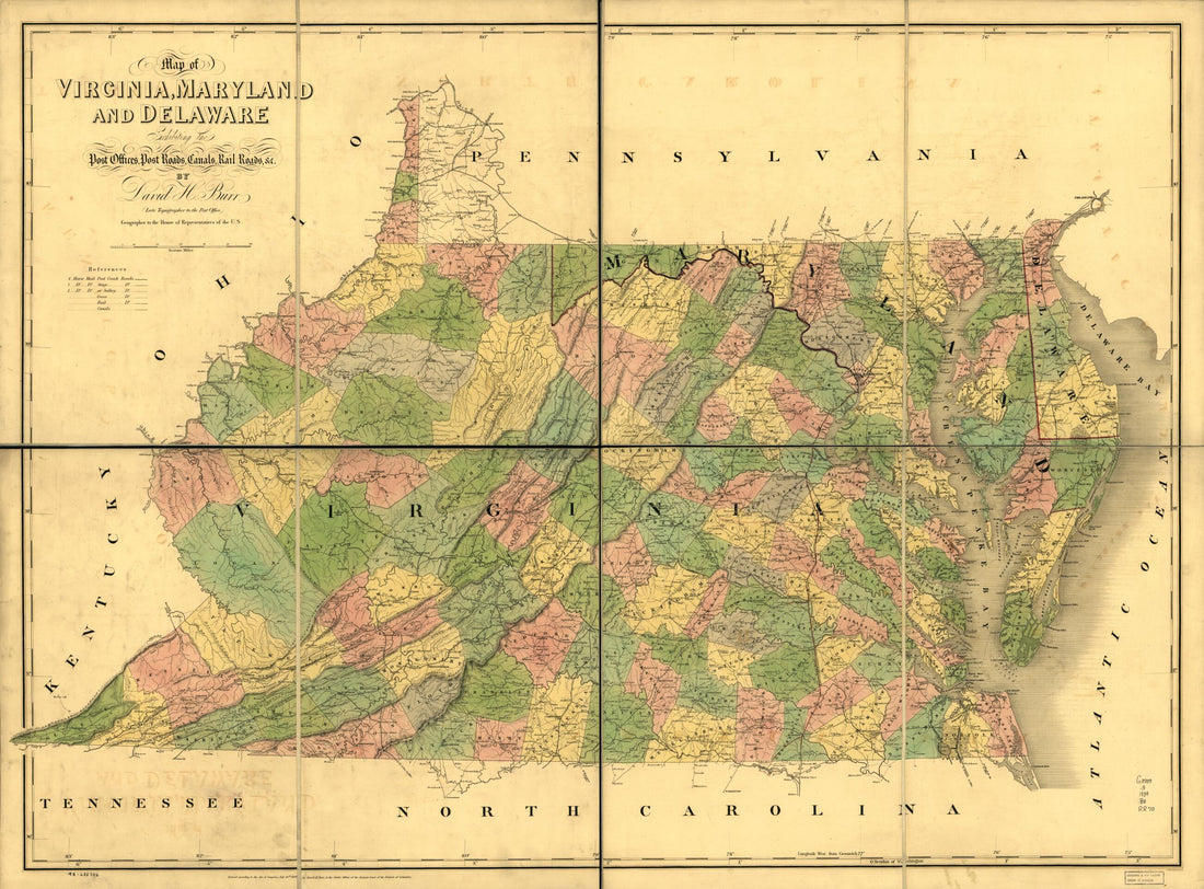 This old map of Map of Virginia, Maryland and Delaware Exhibiting the Post Offices, Post Roads, Canals, Rail Roads &c. (Delaware, Maryland, Virginia) from 1839 was created by John Arrowsmith, David H. Burr in 1839