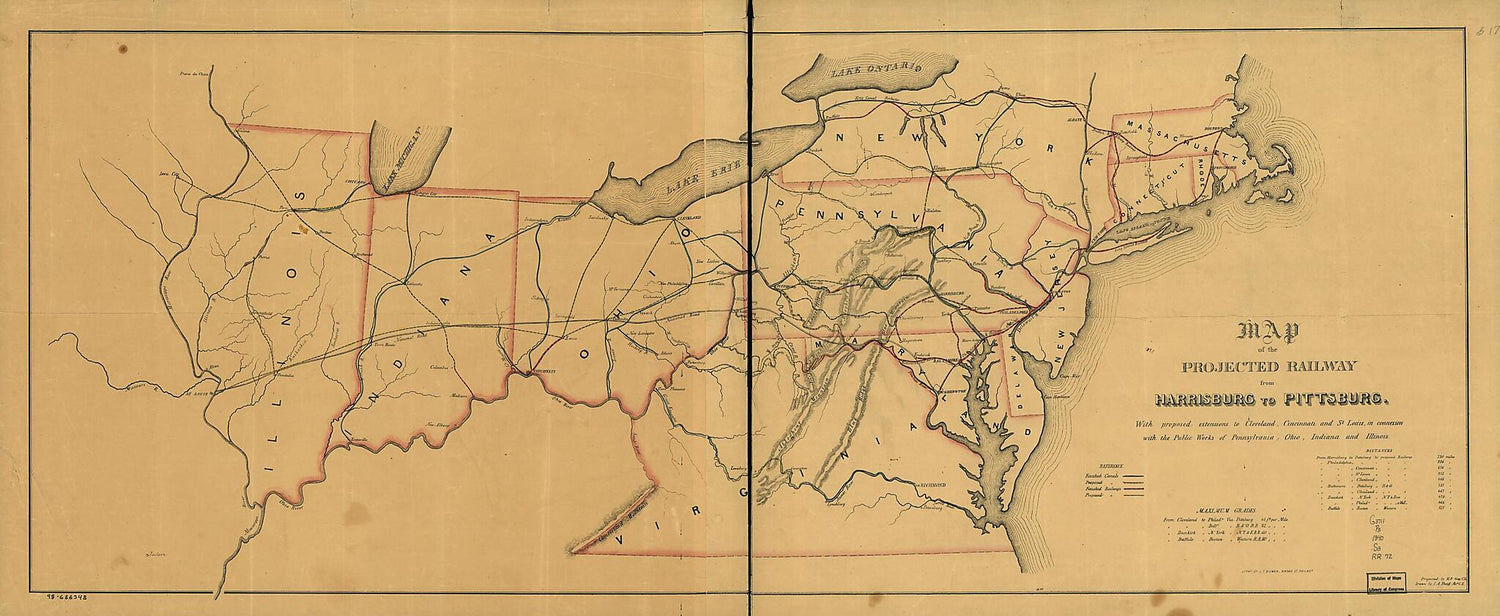 This old map of Map of the Projected Railway from Harrisburg to Pittsburg sic With Proposed Extensions to Cleveland, Cincinnati and St. Louis, In Connexion sic With the Public Works of Pennsylvania, Ohio, Indiana and Illinois from 1840 was created by J. 