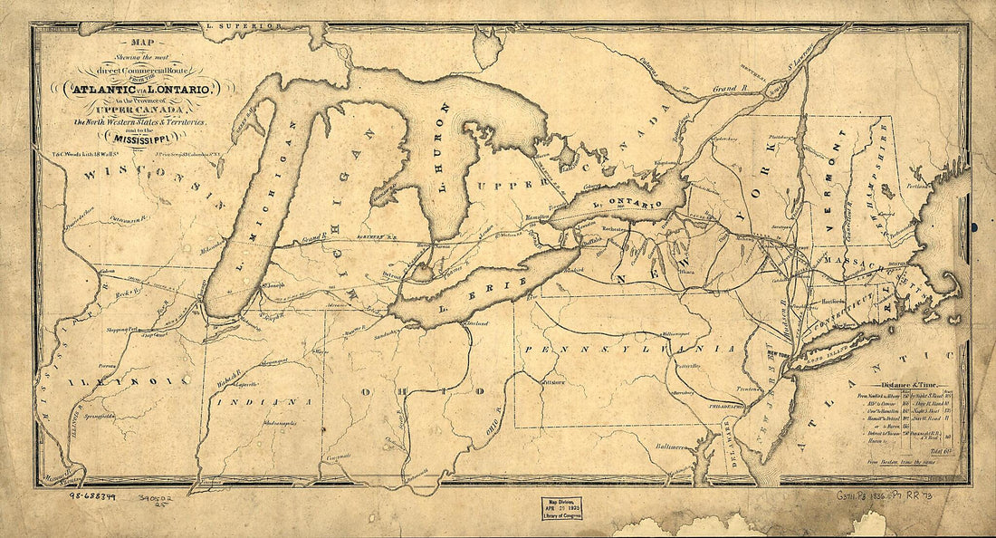 This old map of Map Showing the Most Direct Commercial Route from the Atlantic Via L. Ontario, to the Province of Upper Canada, the North Western States &amp; Territories, and to the Mississippi from 1836 was created by John Price in 1836