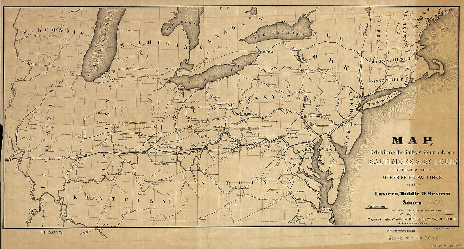 This old map of Map, Exhibiting the Railway Route Between Baltimore &amp; St. Louis, Together With the Other Principal Lines In the Eastern, Middle &amp; Western States; Prepared Under the Direction of B. H. Latrobe, Ch. Engr. B. &amp; O. R.R from 1843 was created b