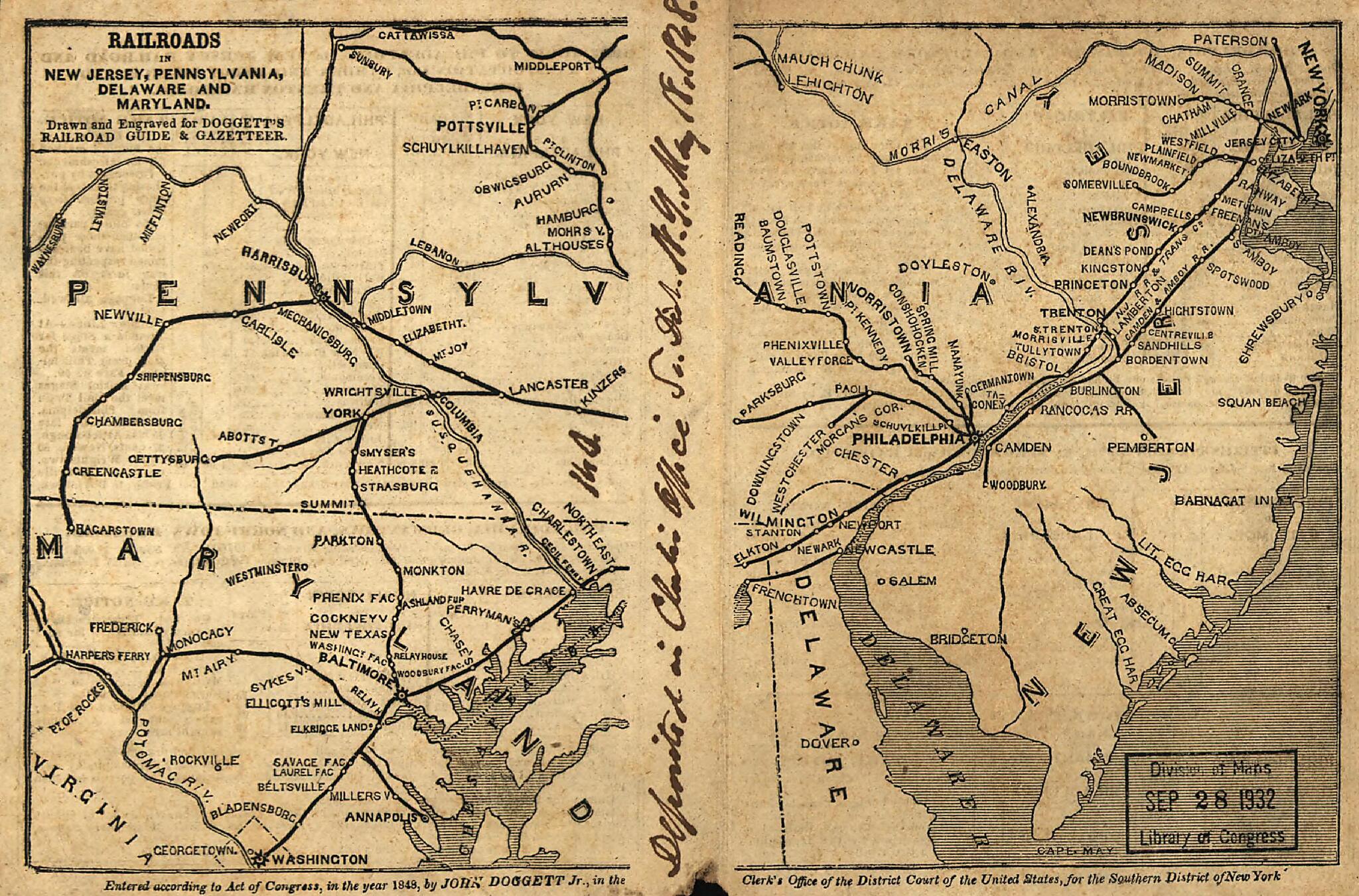 This old map of Railroads In New Jersey, Pennysylvania, Delaware and Maryland; Drawn and Engraved for Doggett&