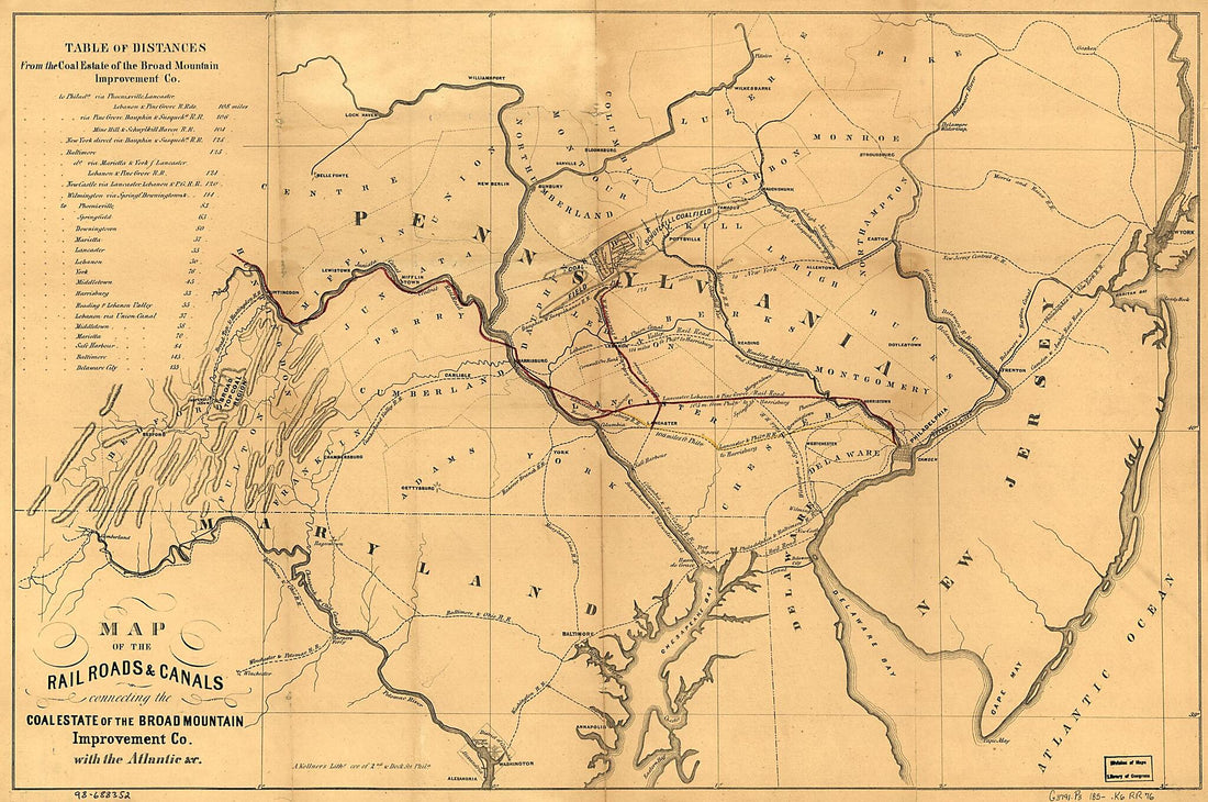 This old map of Map of the Railroads &amp; Canals Connecting the Coal Estate of the Broad Mountain Improvement County, With the Atlantic &amp;c from 1850 was created by Augustus Kollner in 1850