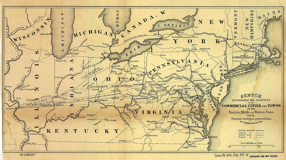 This old map of Sketch Illustrating the Positions of the Commercial Cities and Towns of the Eastern, Middle and Western States With the Principal Existing and Proposed Lines of Communication from 1850 was created by  in 1850