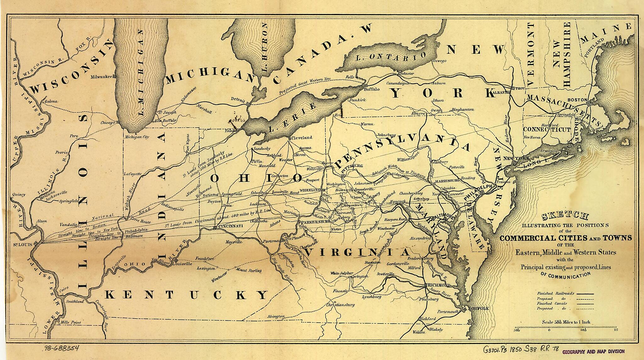 This old map of Sketch Illustrating the Positions of the Commercial Cities and Towns of the Eastern, Middle and Western States With the Principal Existing and Proposed Lines of Communication from 1850 was created by  in 1850