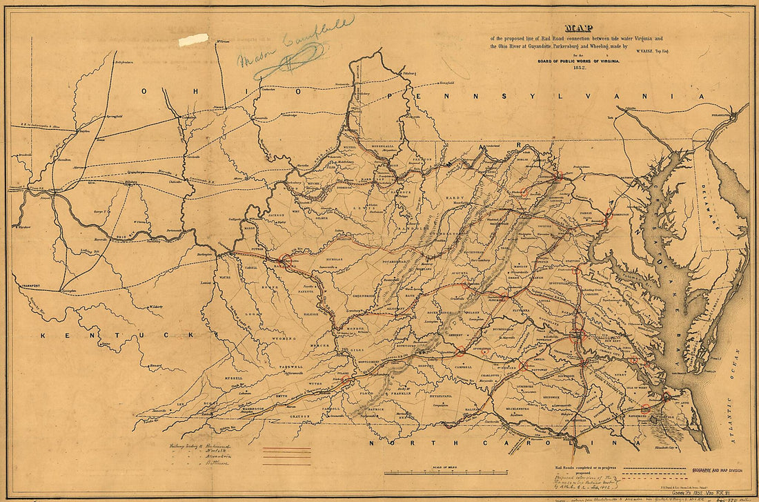 This old map of Map of the Proposed Line of Rail Road Connection Between Tide Water Virginia and the Ohio River at Guyandotte, Parkersburg and Wheeling from 1852 was created by W. Vaisz,  Virginia. Board of Public Works in 1852