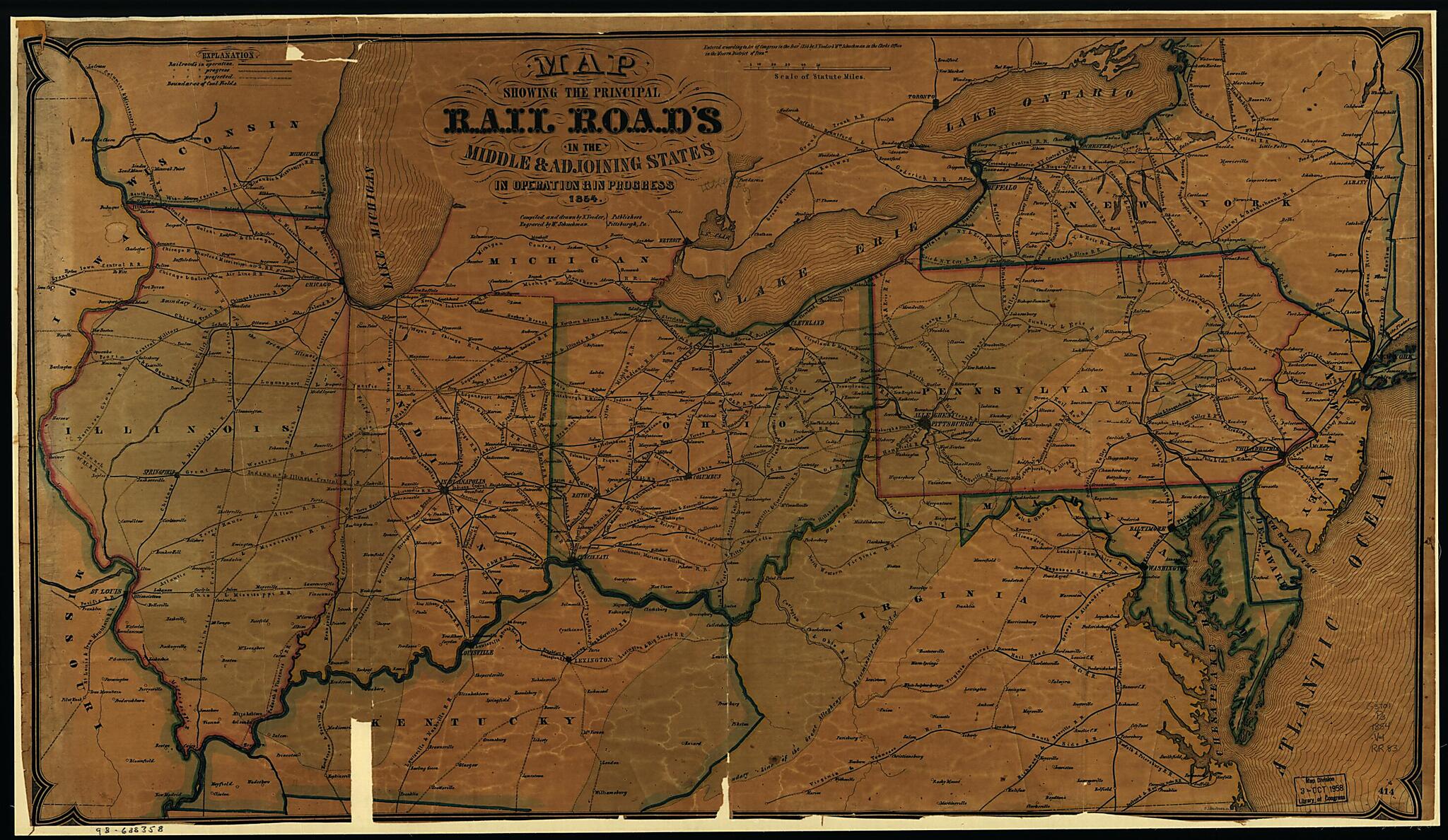 This old map of Map Showing the Principal Rail Road In the Middle &amp; Adjoining States, In Operation &amp; In Progress from 1854 was created by William Schuchman, N. Veeder in 1854