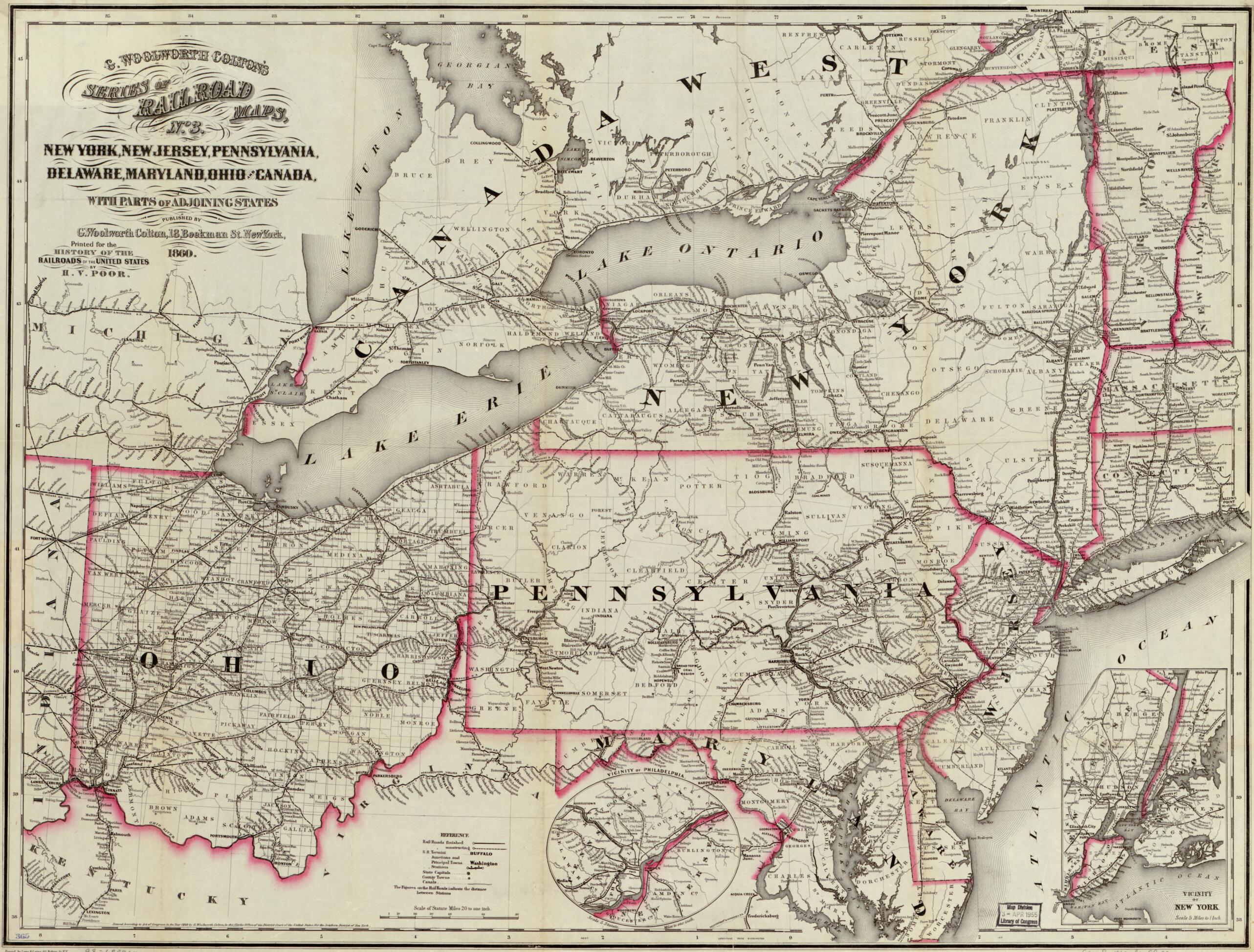 This old map of New York, New Jersey, Pennsylvania, Delaware, Maryland, Ohio and Canada, With Parts of Adjoining States from 1860 was created by G. Woolworth (George Woolworth) Colton in 1860