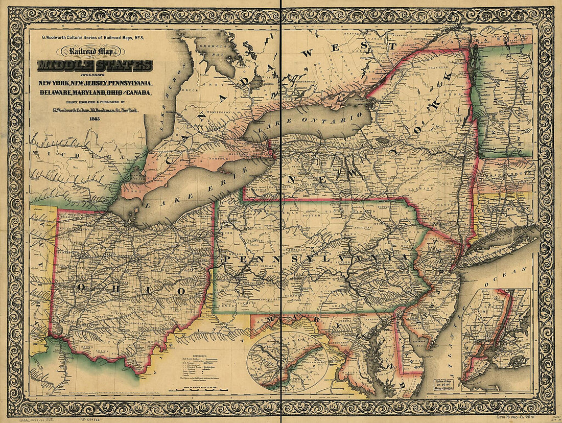 This old map of New Railroad Map of the Middle States Including New York, New Jersey, Pennsylvania, Delaware, Maryland, Ohio and Canada; Drawn, Engraved &amp; Published by G. Woolworth Colton from 1865 was created by G. Woolworth (George Woolworth) Colton in