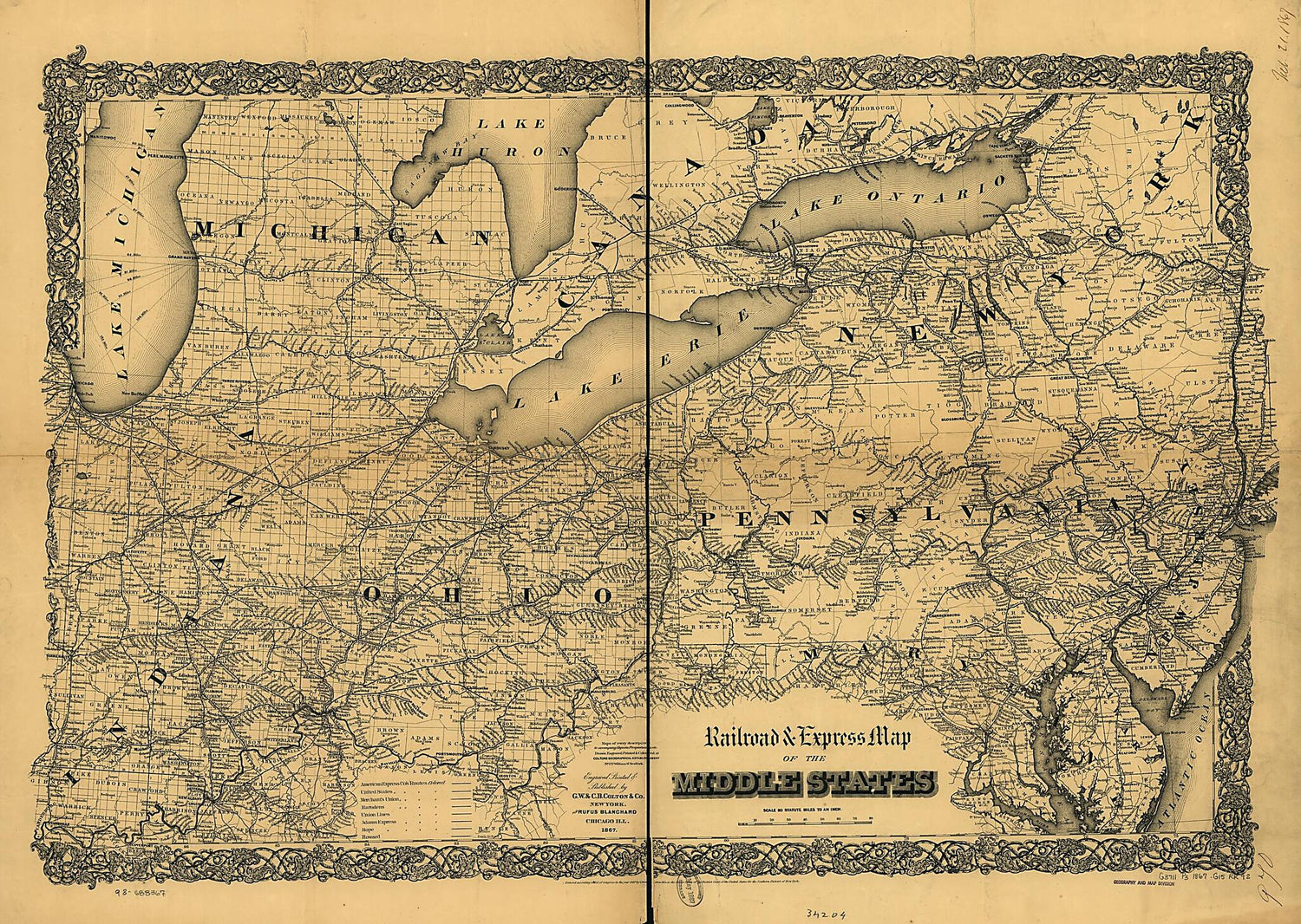 This old map of Railroad &amp; Express Map of the Middle States from 1867 was created by  G.W. &amp; C.B. Colton &amp; Co in 1867