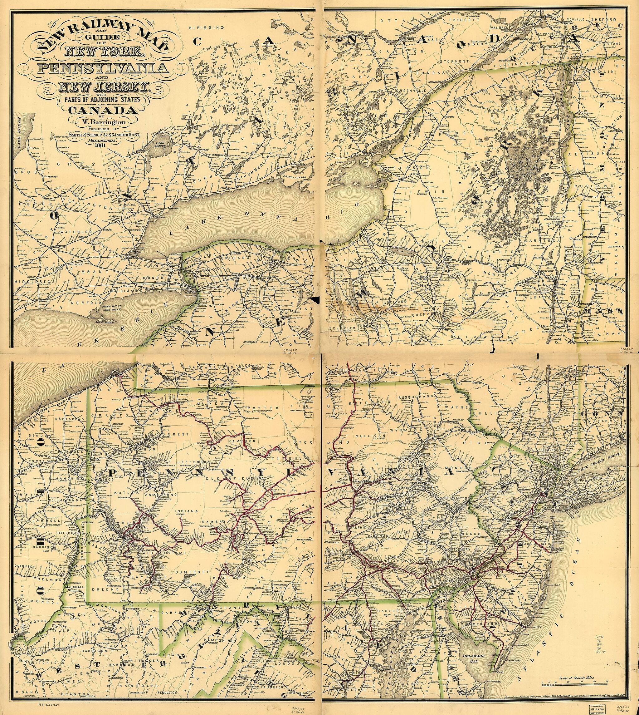 This old map of New Railway Map and Guide of New York, Pennsylvania and New Jersey With Parts of Adjoining States and Canada, from 1881 was created by W. Barrington in 1881