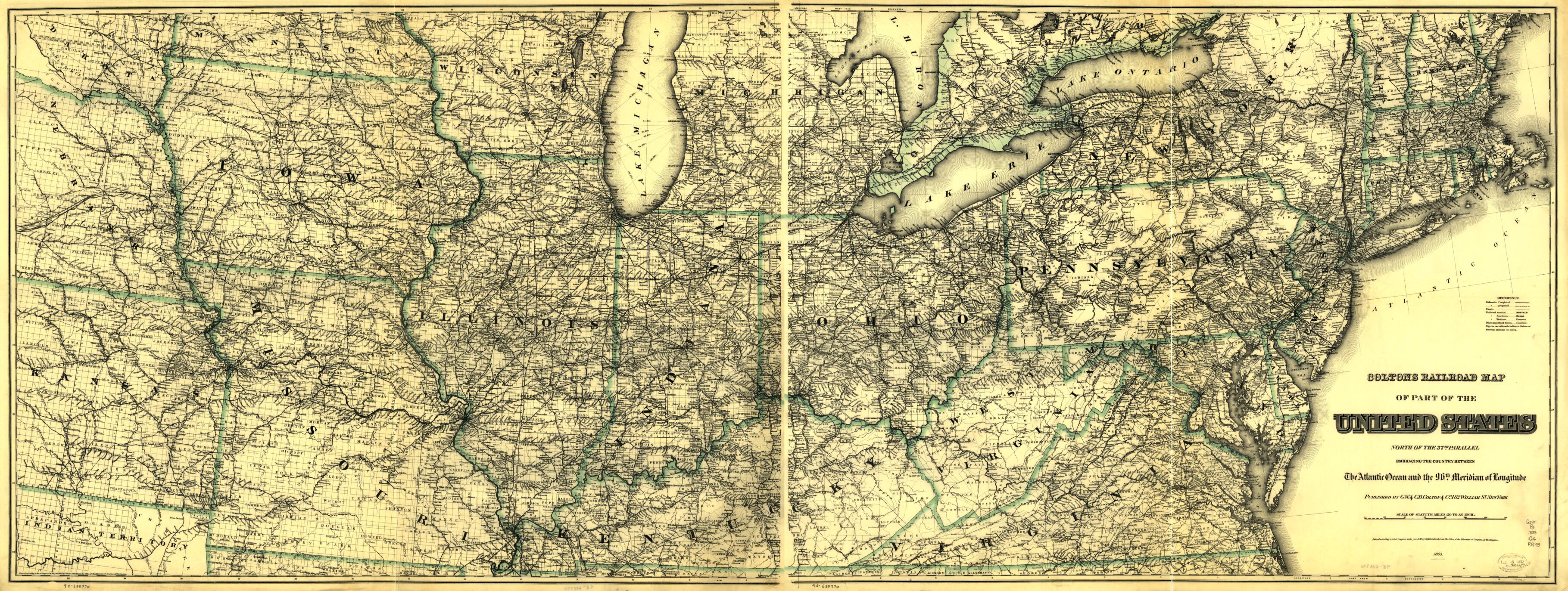 This old map of Coltons Railroad Map of Part of the United States North of the 37th Parallel Embracing the Country Between the Atlantic Ocean and the 96th Meridian of Longitude from 1883 was created by  G.W. &amp; C.B. Colton &amp; Co in 1883