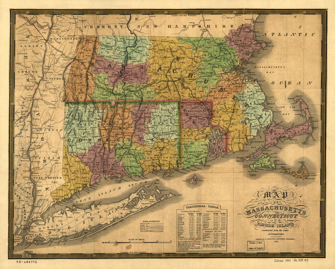 This old map of Map of Massachusetts, Connecticut and Rhode Island; Constructed from the Latest Authorities from 1831 was created by S. Augustus (Samuel Augustus) Mitchell, J. H. (James Hamilton) Young in 1831