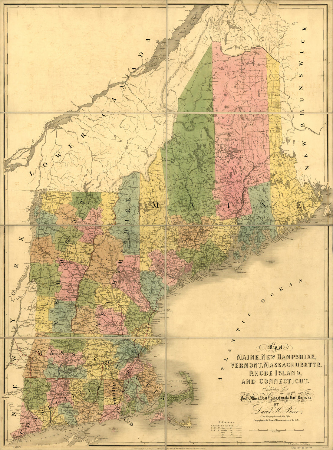 This old map of Map of Maine, New Hampshire, Vermont, Massachusetts, Rhode Island, and Connecticut Exhibiting the Post Offices, Post Roads, Canals, Rail Roads, &amp;c from 1839 was created by John Arrowsmith, David H. Burr in 1839
