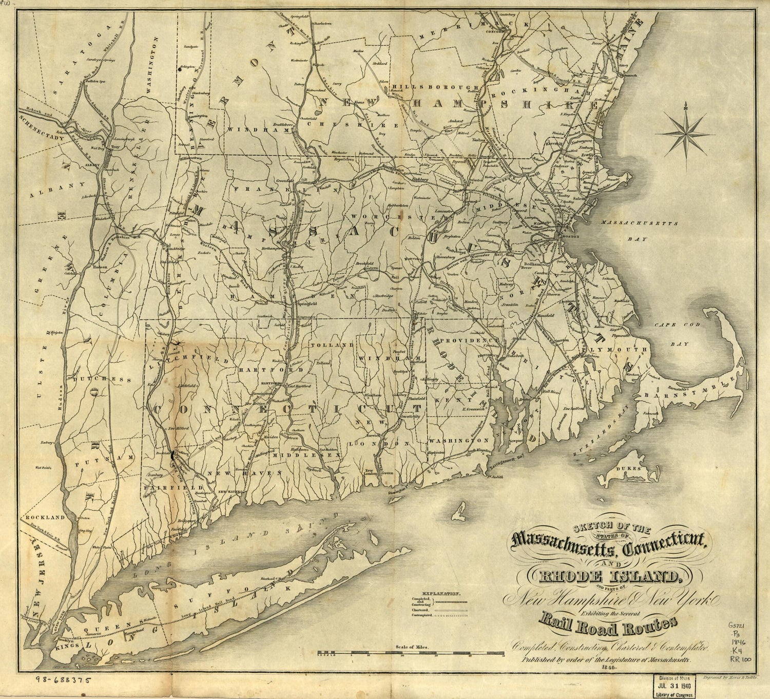 This old map of Sketch of the States of Massachusetts, Connecticut, and Rhode Island, and Parts of New Hampshire &amp; New York Exhibiting the Several Rail Road Routes Completed, Constructing, Chartered &amp; Contemplated; Published by Order of the Legislature o