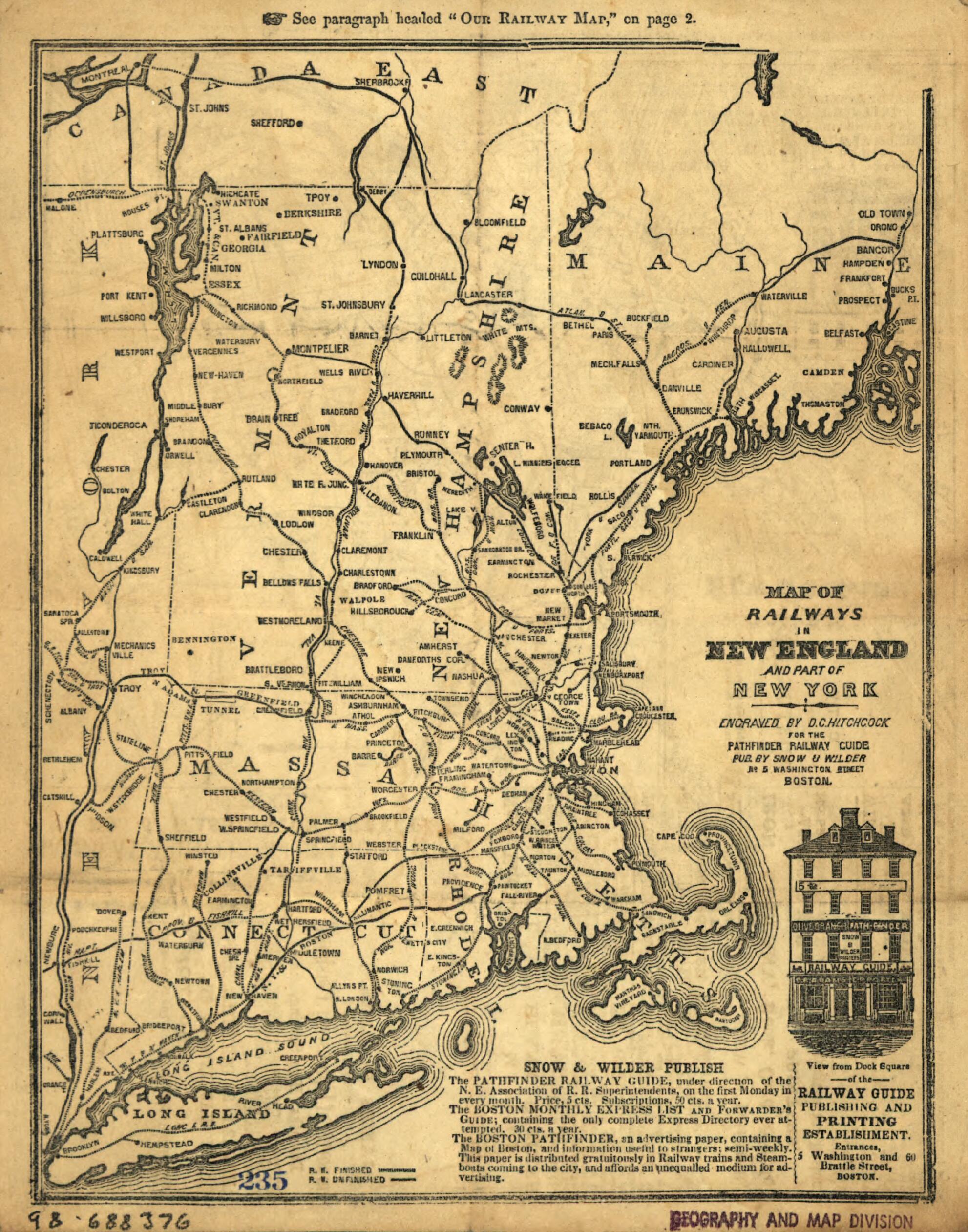 This old map of Map of Railways In New England and Part of New York; Engraved by D. C. Hitchcock for the Pathfinder Railway Guide from 1847 was created by Dewitt C. Hitchcock,  Snow &amp; Wilder in 1847