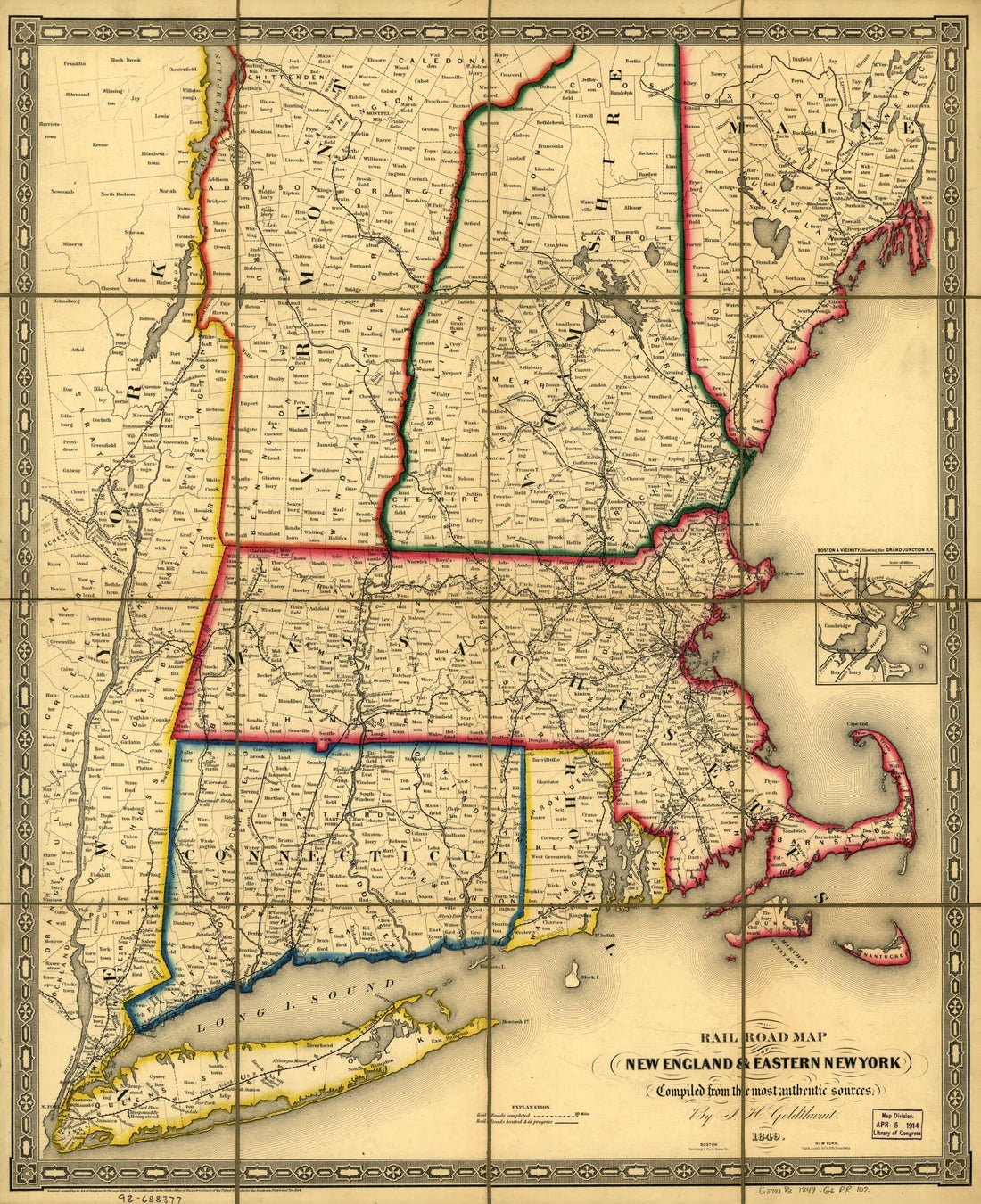 This old map of Railroad Map of New England &amp; Eastern New York Complied from the Most Authentic Sources from 1849 was created by J. H. Goldthwait in 1849
