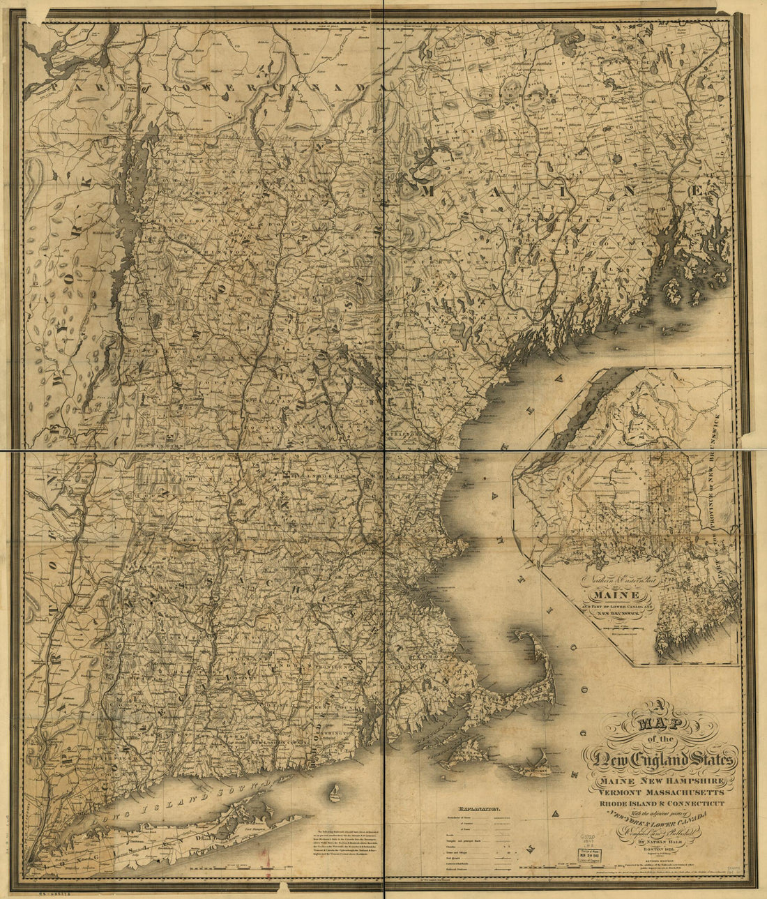 This old map of A Map of the New England States, Maine, New Hampshire, Vermont, Massachusetts, Rhode Island &amp; Connecticut With the Adjacent Parts of New York &amp; Lower Canada; Compiled and Published by Nathan Hale, Boston, 1826 from 1849 was created by Nat