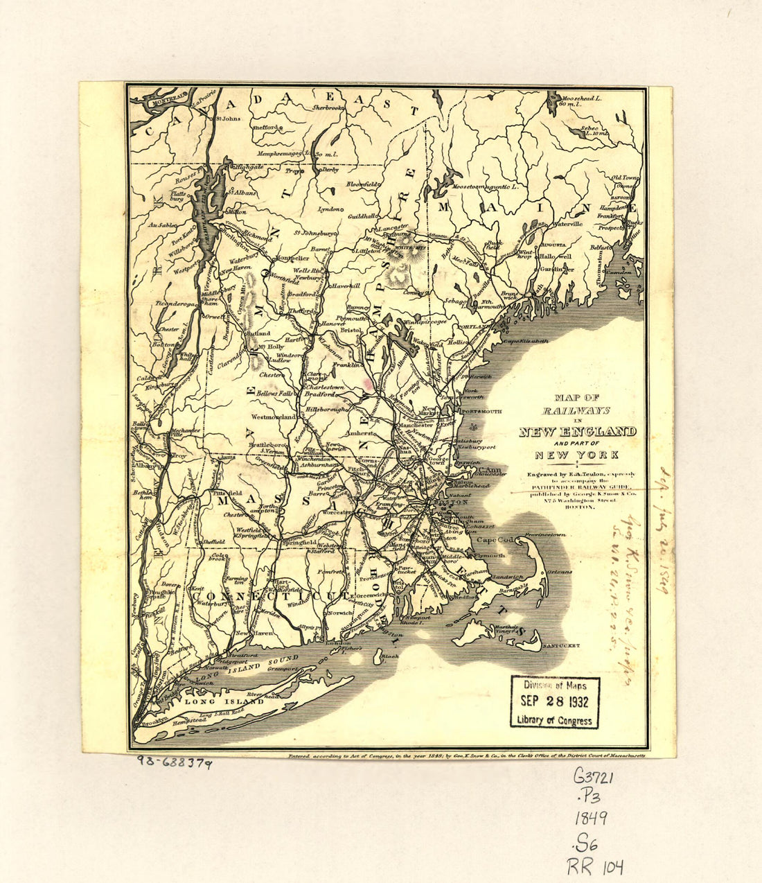 This old map of Map of Railways In New England and Part of New York; Engraved by E. A. Teulon, Expressly to Accompany the Pathfinder Railway Guide from 1849 was created by  George K. Snow &amp; Co in 1849
