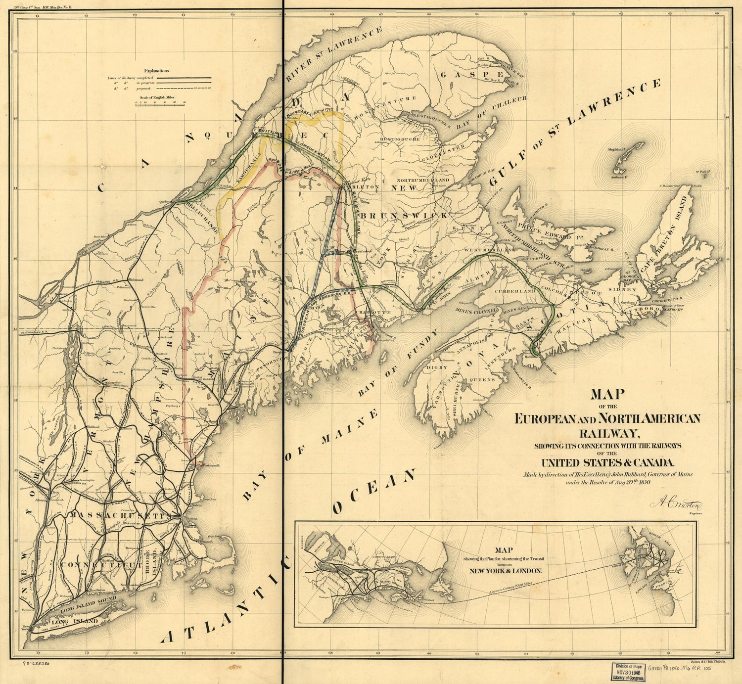 This old map of Map of the European and North American Railway, Showing Its Connection With the Railways of the United States &amp; Canada; Made by Direction of His Excellency John Hubbard, Governor of Maine Under the Resolve of Aug. 20th from 1850 was creat